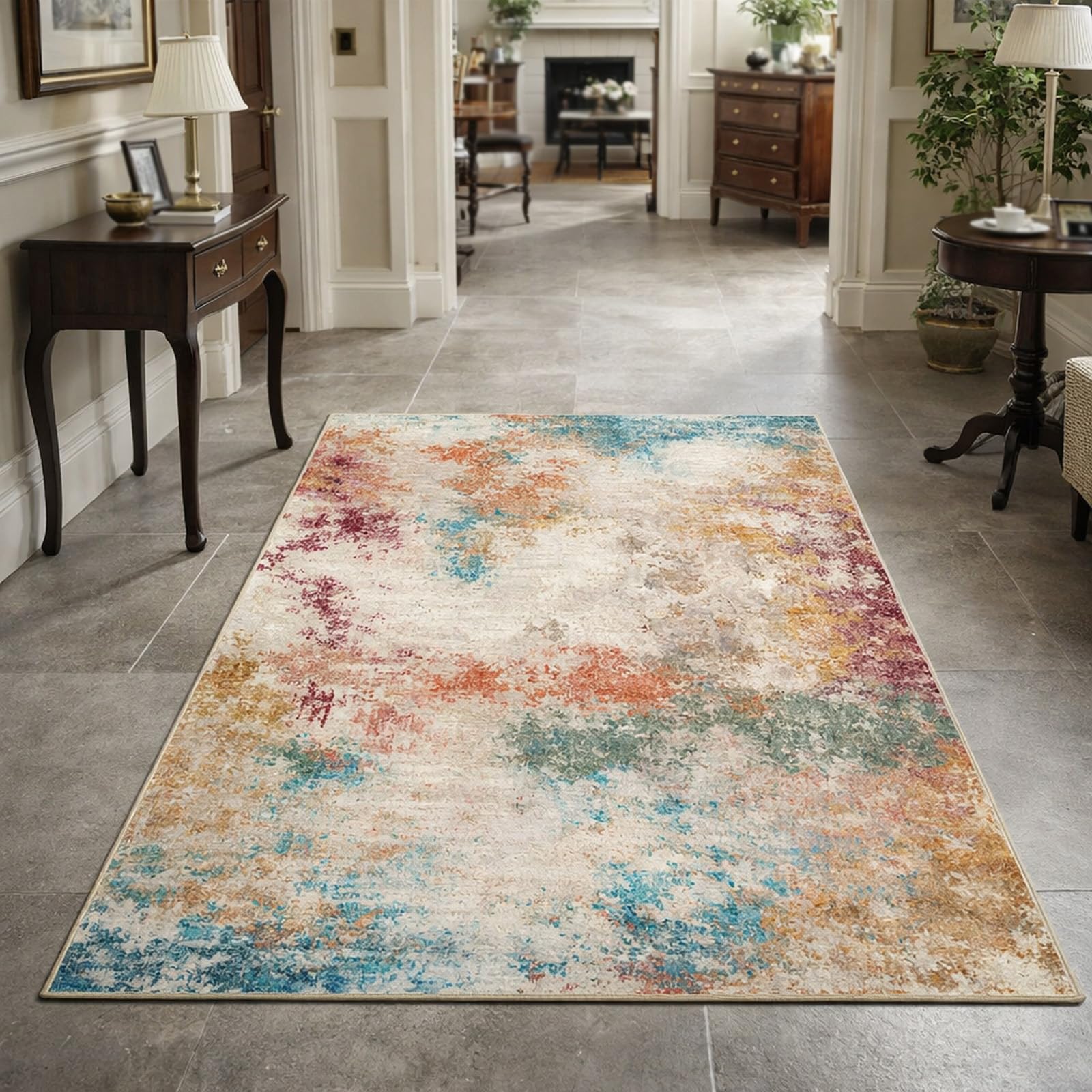 Grand tapis de décoration salon abstrait moderne beige rouge orange 200x300