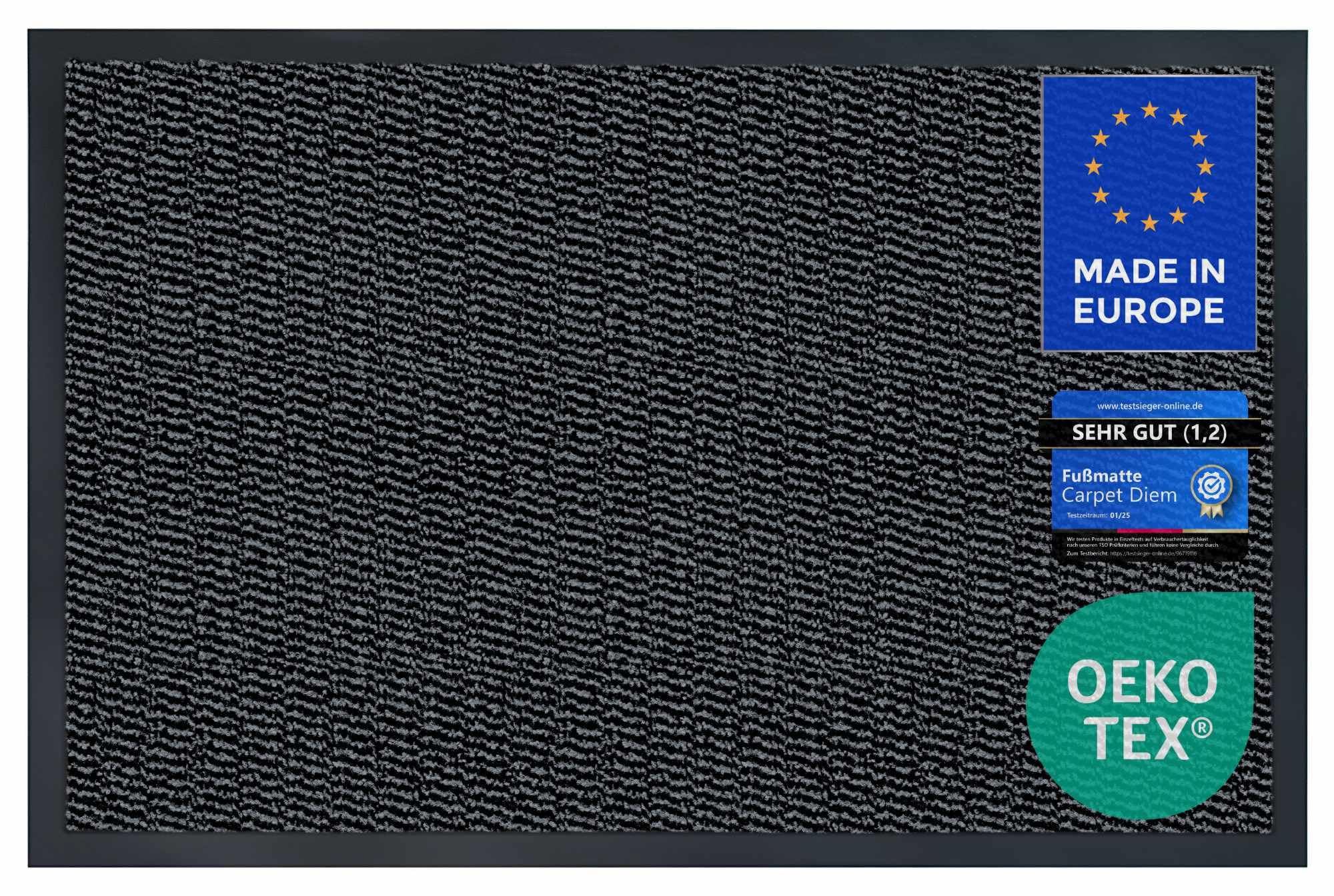 Carpet Diem Fußmatte, einfach sauber I Schmutzfangmatte Eingangsbereich - Fussmatte Innen & Außen, rutschfeste Türmatte, Schmutzfang Teppich für Haustür I Fußabtreter in Hellgrau-Schwarz 90x150 cm