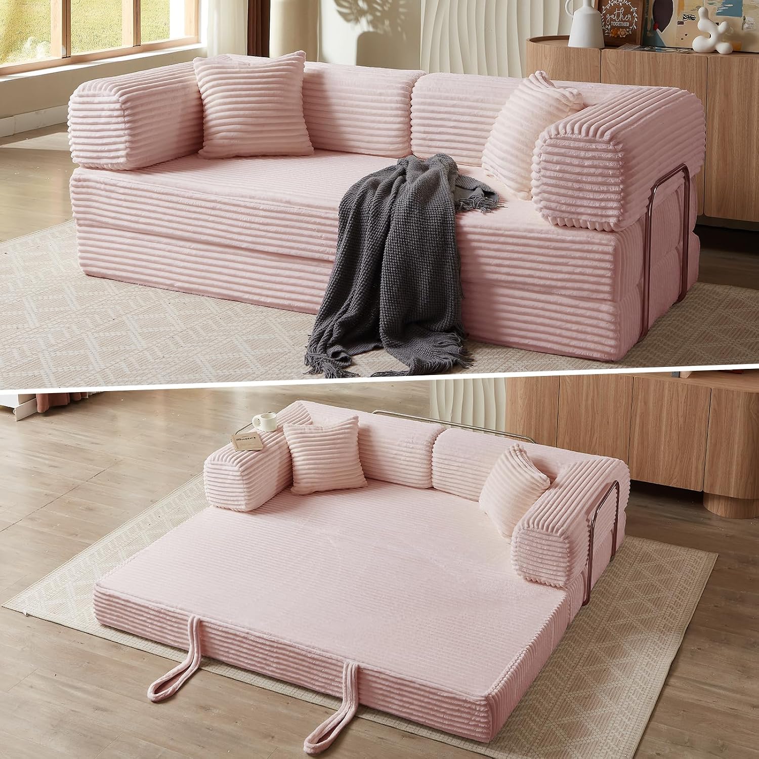 4-in-1 Convertible Folding Sleeper Sofa Bed, Plush Corduroy Foldable Mattress Couch with Fixed-Shape Frame, Floor Compressed Sofa for Living Room, Bedroom (Light Grey)