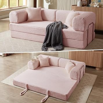4-in-1 Convertible Folding Sleeper Sofa Bed, Plush Corduroy Foldable Mattress Couch with Fixed-Shape Frame, Floor Compressed Sofa for Living Room, Bedroom Pink