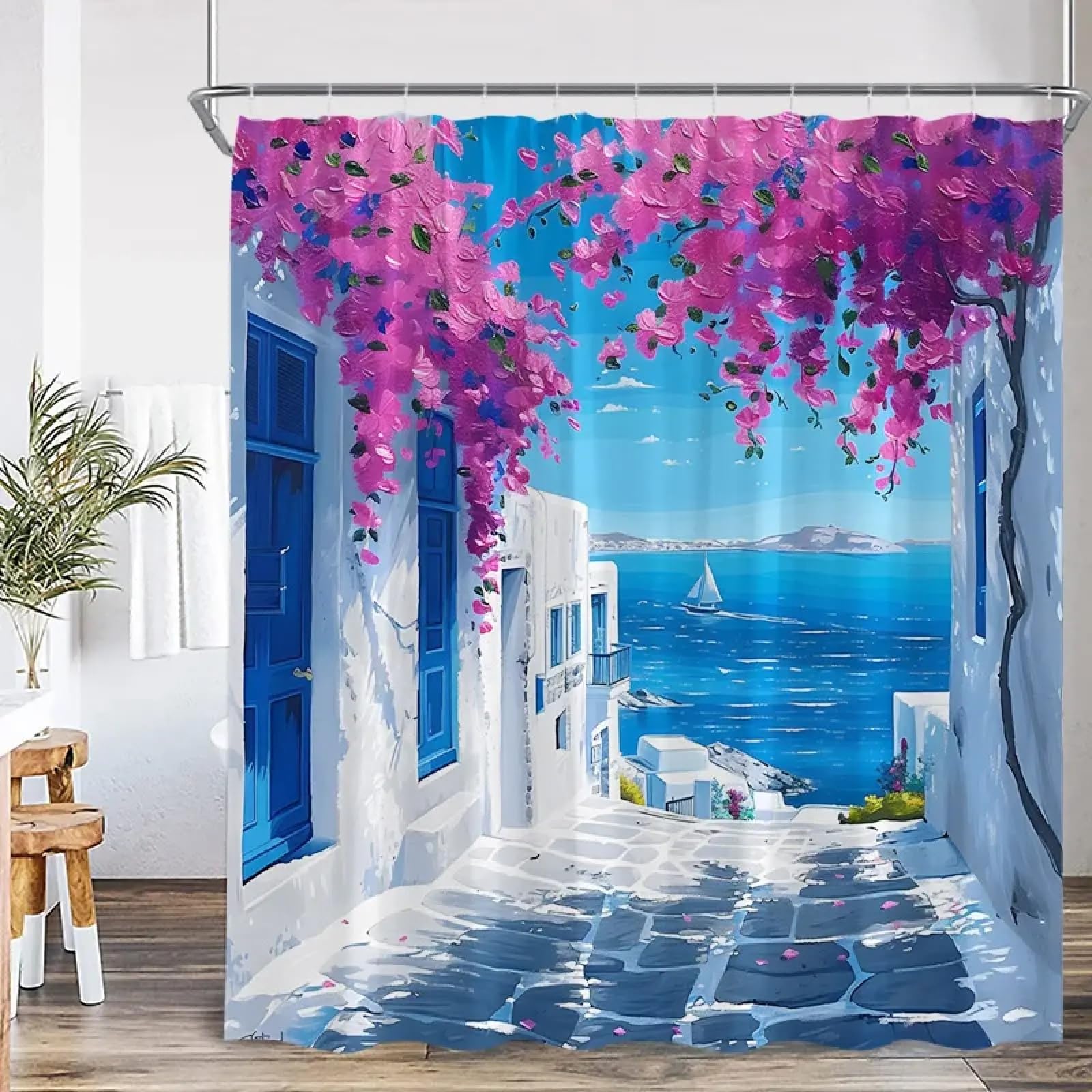 Rideau de douche paysage floral bleu blanc pour s'évader au bord de l'océan chaque matin