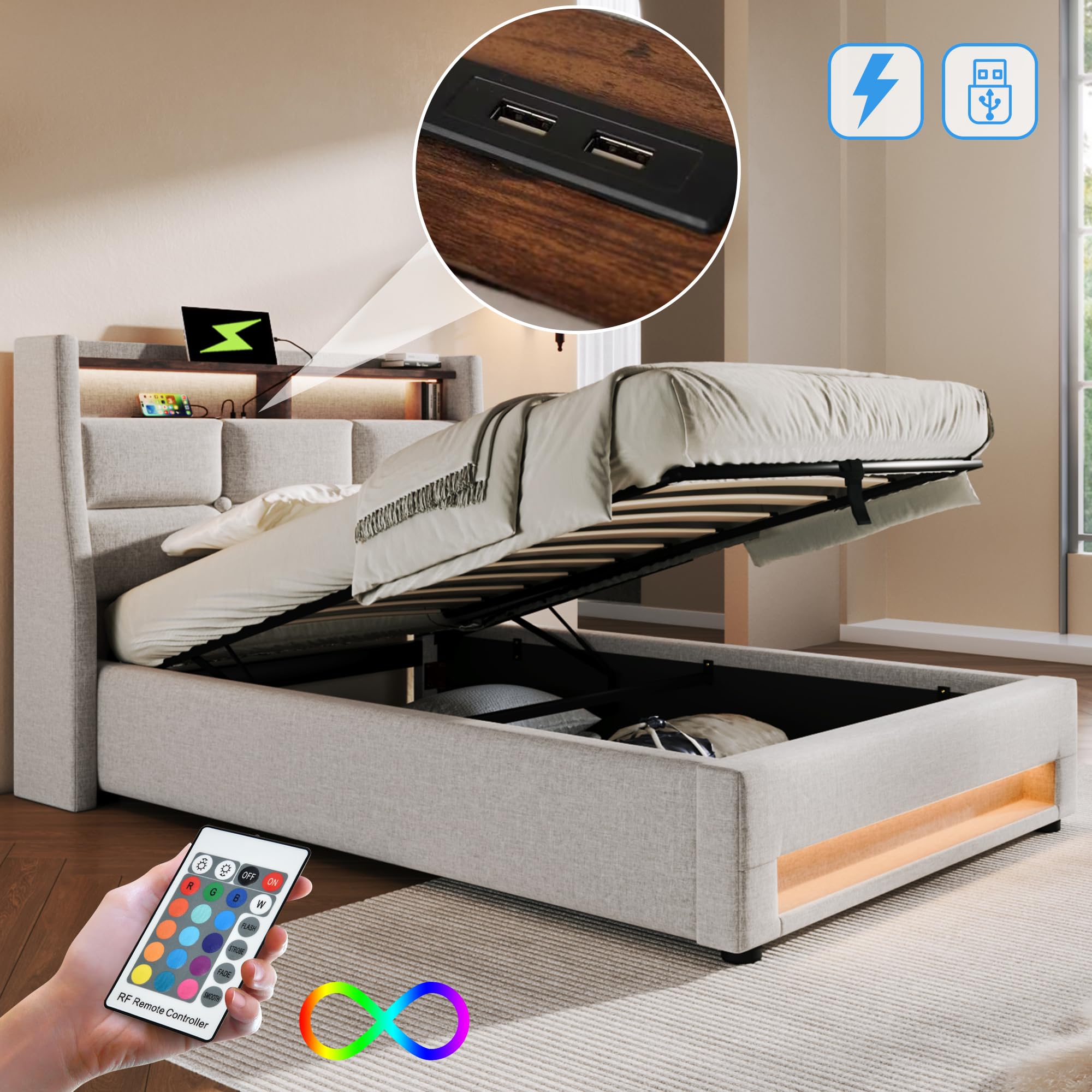Cama Tapizada 90x200 con LED y USB, Camas Individual con Espacio de Almacenamiento Hidráulico y Cabecero Almacenaje, Camas Juveniles con Somier y Soporte de Láminas, Lino, Sin Colchón, Beige