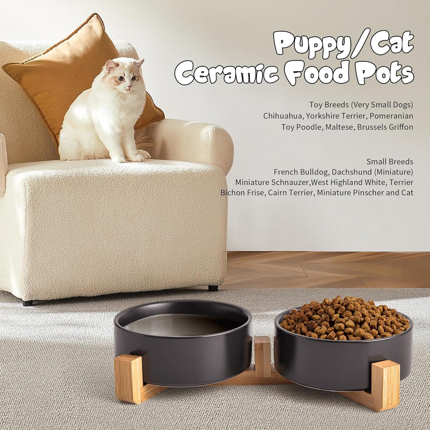 Black Ceramic Dog & Cat Bowl Set – 13.5 OZ with Wooden Stand, Non-Slip, Elevated Design for Small Dogs & Cats – 2 Bowls (Food & Water, Ceramic Pet Bowls, Modern Dog Bowls) - Image 6