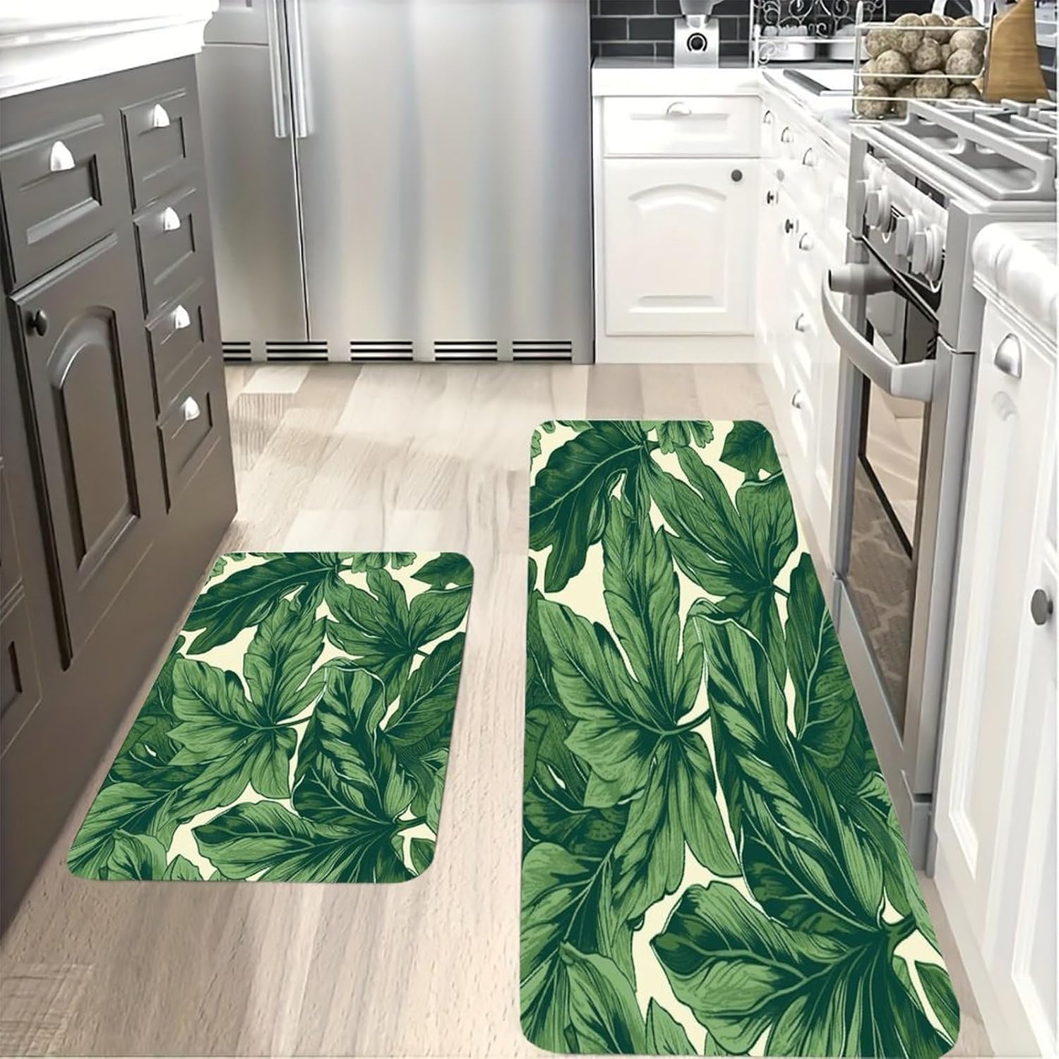Green Foliage Botanical Kitchen Mats with 2PCS Non-Slip Washable,Kitchen Rug Heavy Duty Durable, Floor Mats for Kitchen,Office,Sink,Laundry