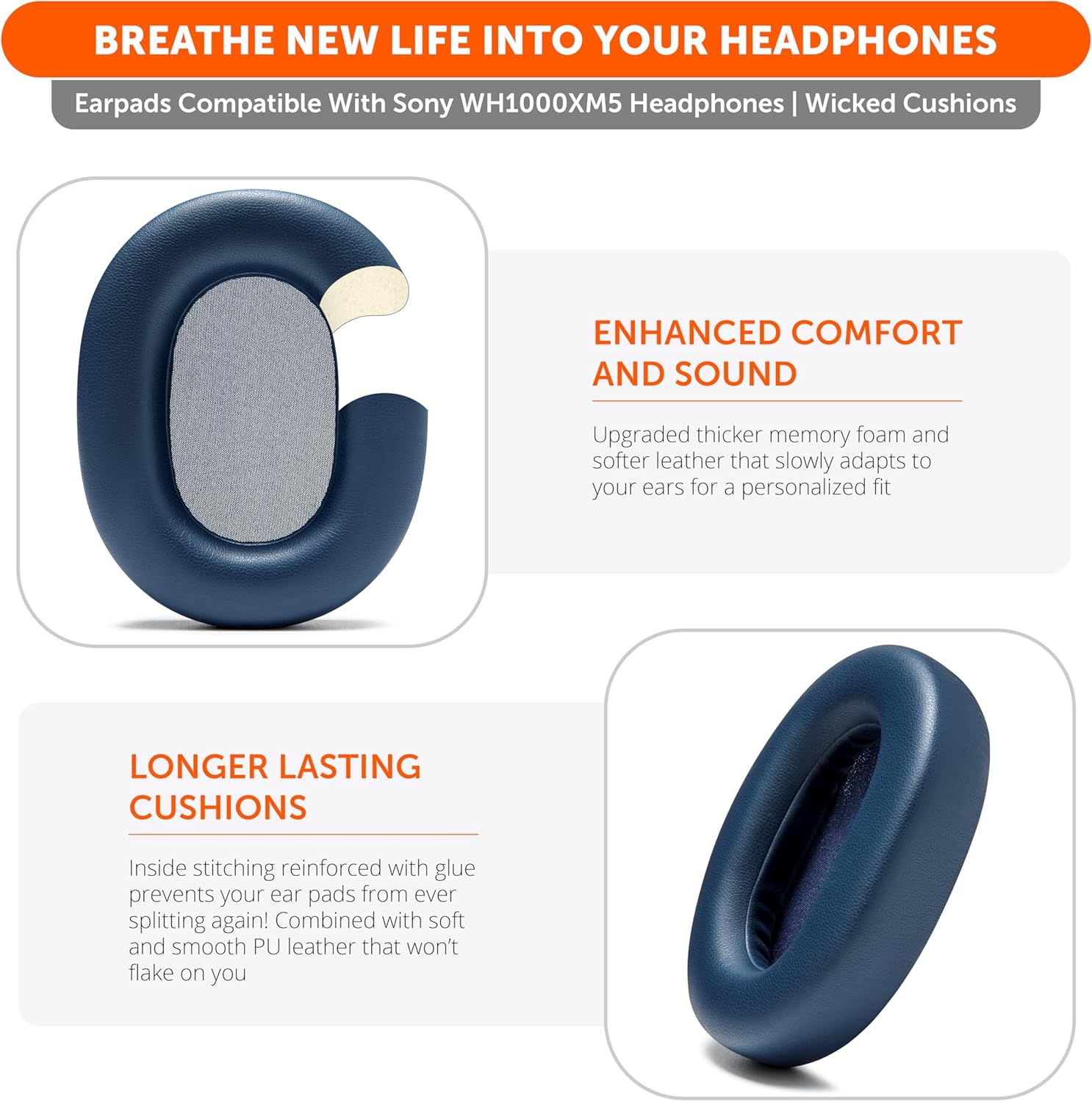 WC Earpads and Protective SweatZ Cover for Sony WH1000XM5 Headphones | Improved Durability, Enhanced Comfort | Blue