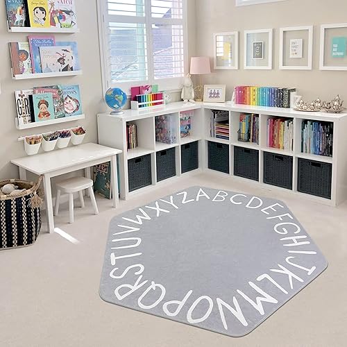 Miniatura 8 de STARUIA Hexagon ABC - Alfombra de juego para niños, 55 x 47 pulgadas, color gris, lavable, para guardería, castillo, alfombra educativa