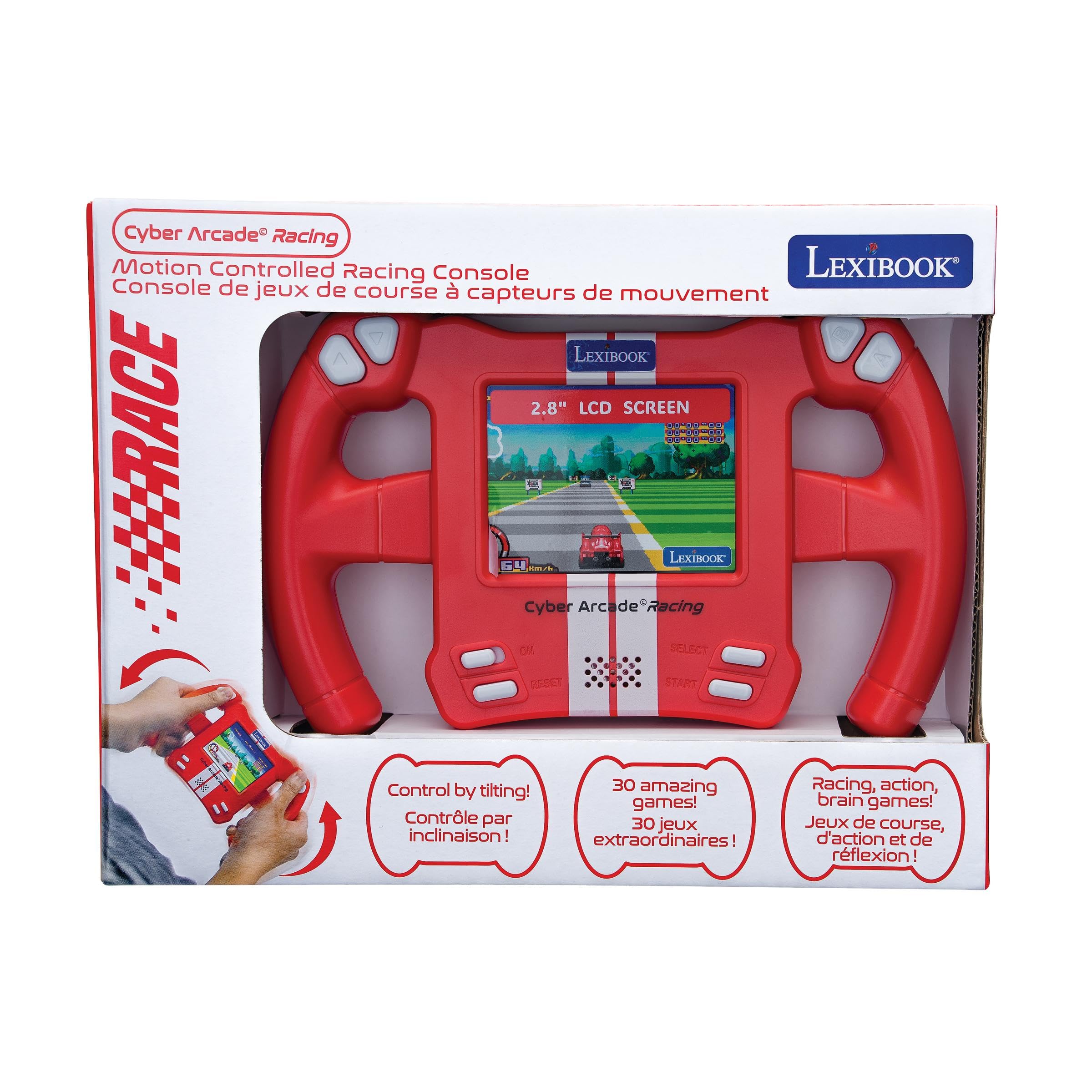 Lexibook, Cyber Arcade Racing, Console per Giochi da Corsa con sensori di Movimento, 30 Giochi di Corse, Azione e Puzzle, Controllo Tramite inclinazione, Rosso, JL3150LXB