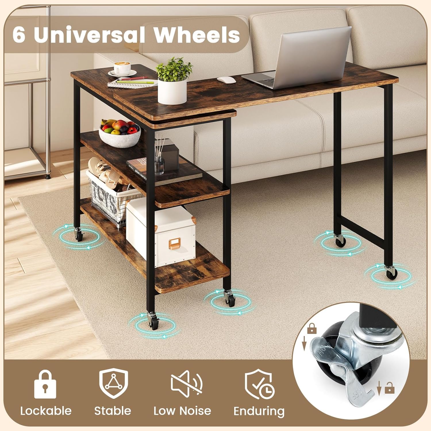 DORTALA 360° Free Rotating Sofa Side Table, Mobile End Table with 2-Tier Storage Shelves, Smooth Wide Desktop, Sturdy Metal Structure, for Home Office, Rustic Brown