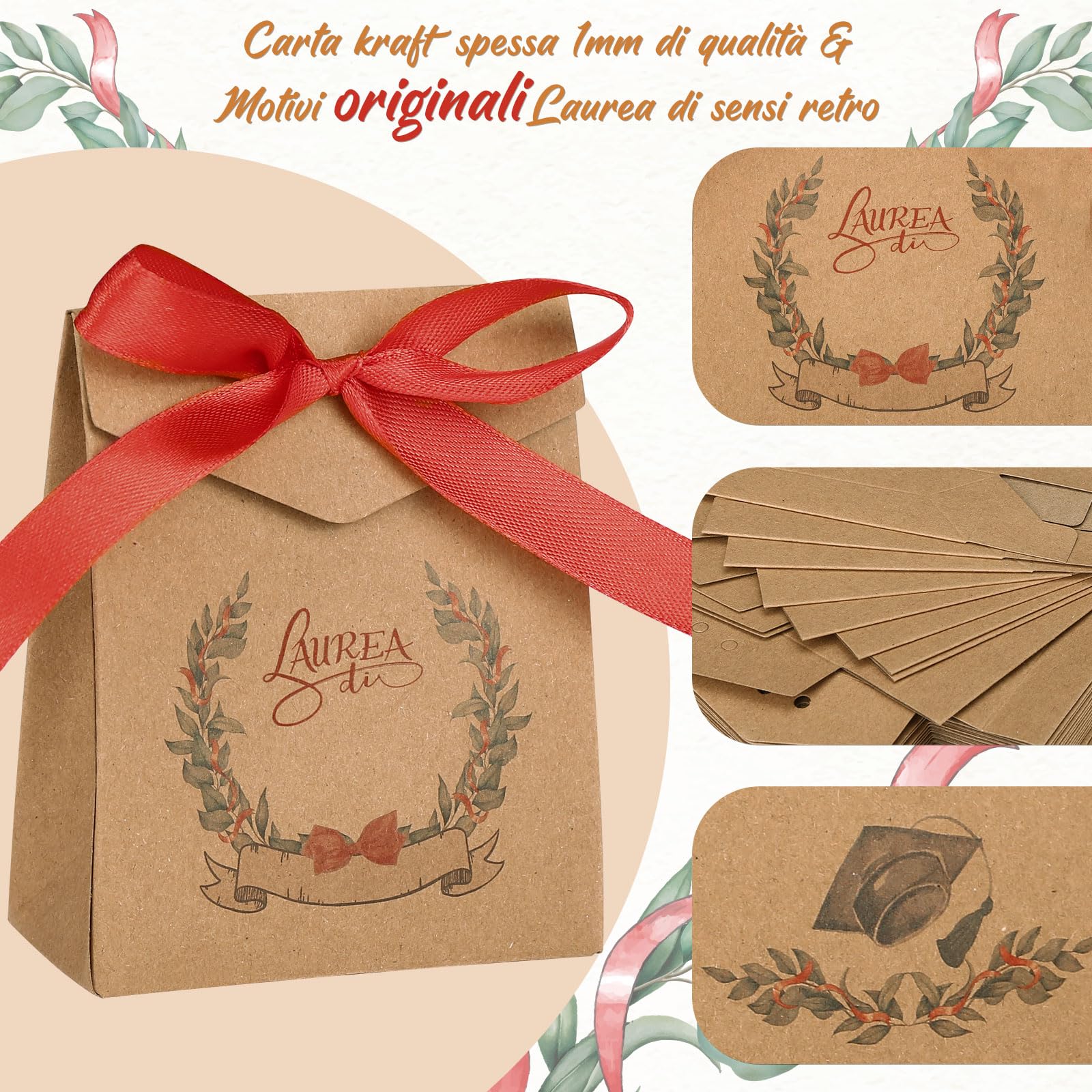 LEMESO Bomboniere Laurea 25pz, Scatoline Portaconfetti Laurea con Nastro Rosso, Motivi Originali da Scrivere Nome e Data, Scatoline Regalo 10x8x4cm