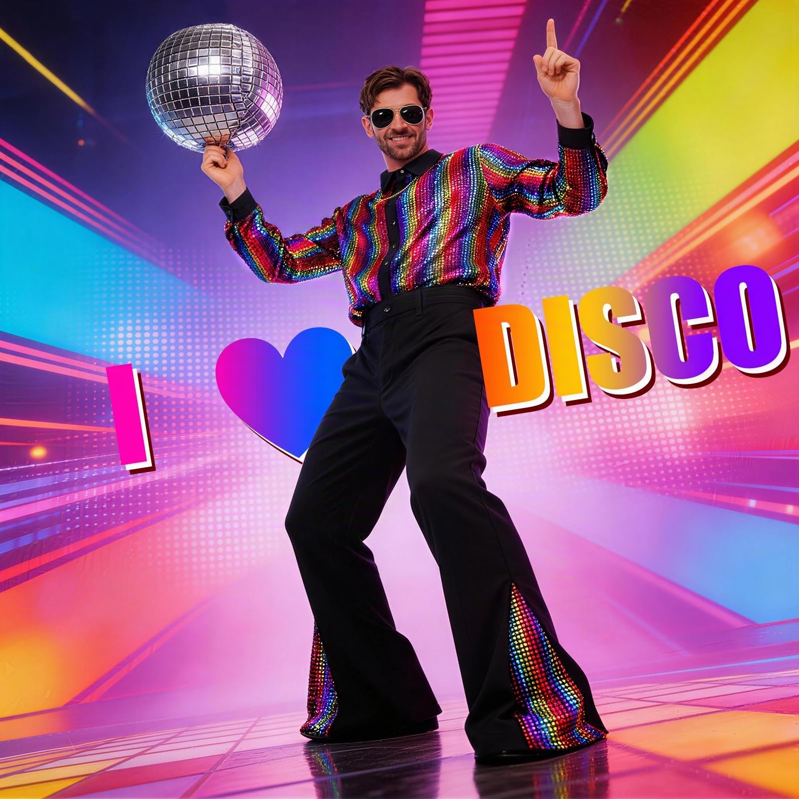 PATEMZON Disfraz de Discoteca para Hombre, 70s Disco Adulto Costumes Disfraz Hippie, Camisa Retro Pantalones de Campana Peluca Gafas de Collar Bigote para Carnaval y Fiesta Temática