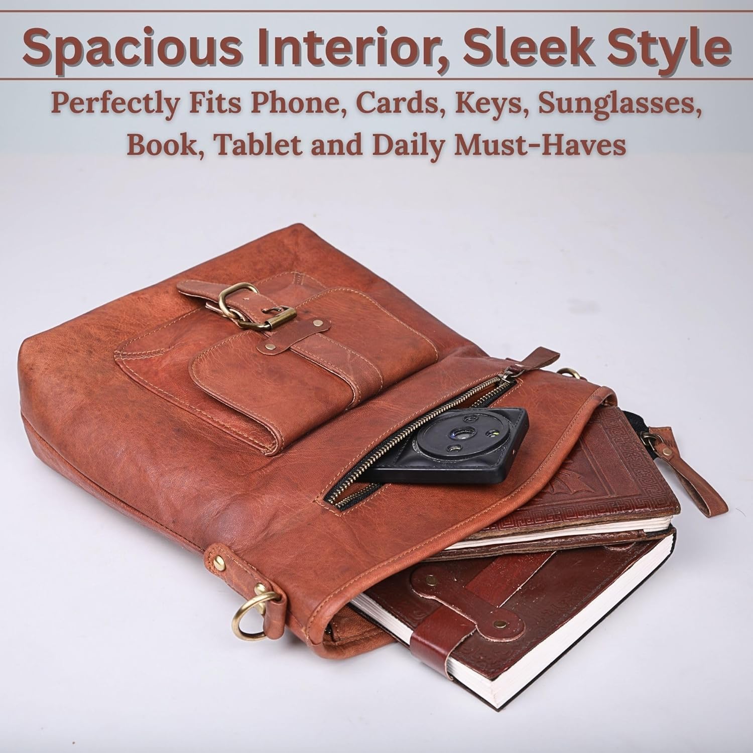 Women’s Genuine Leather Crossbody Bag – Large, 13″ Tablet Friendly Travel Purse