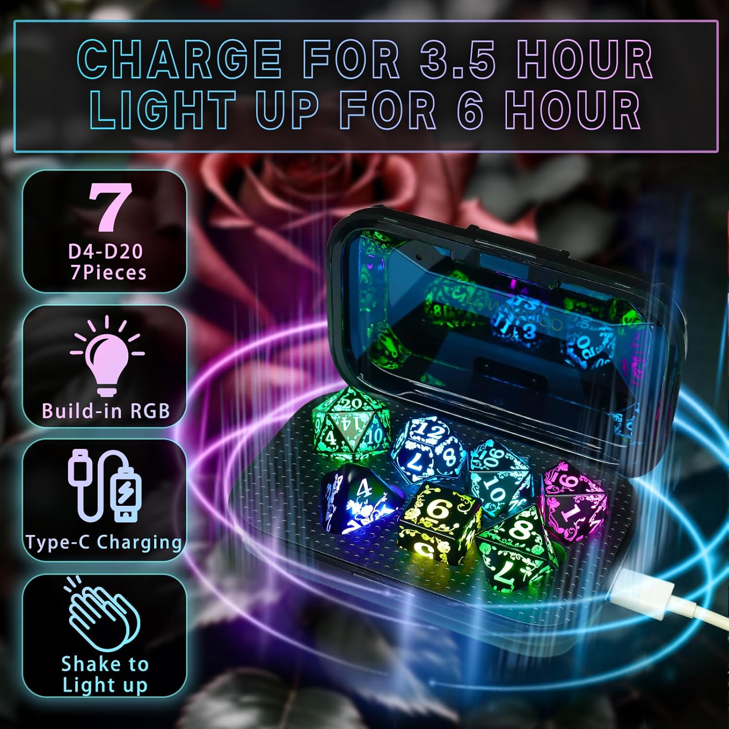 Rechargeable Light up DND Dice Set with Charging Box for Role Playing Table Game Dungeons and Dragons