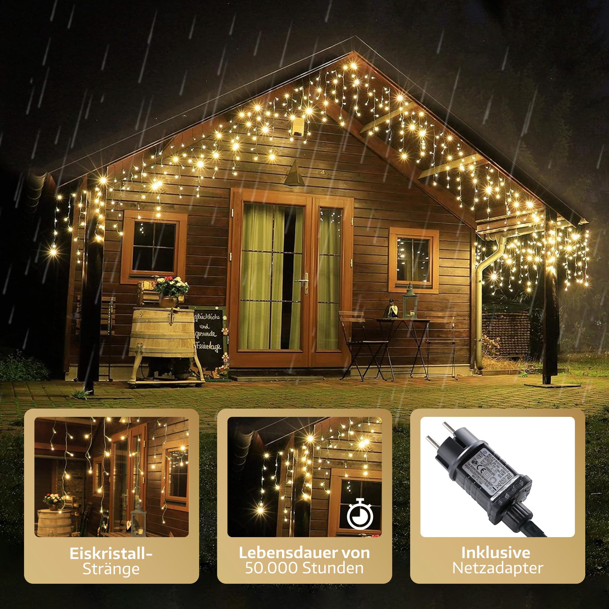 Meisterhome 400 LED Eisregen - 8m + 5m Zuleitung - mit Timer und 8 Beleuchtungsmodi - Eiszapfen Innen und Außen - für Party, Hochzeit, Balkon, Garten Deko - Warmweiß