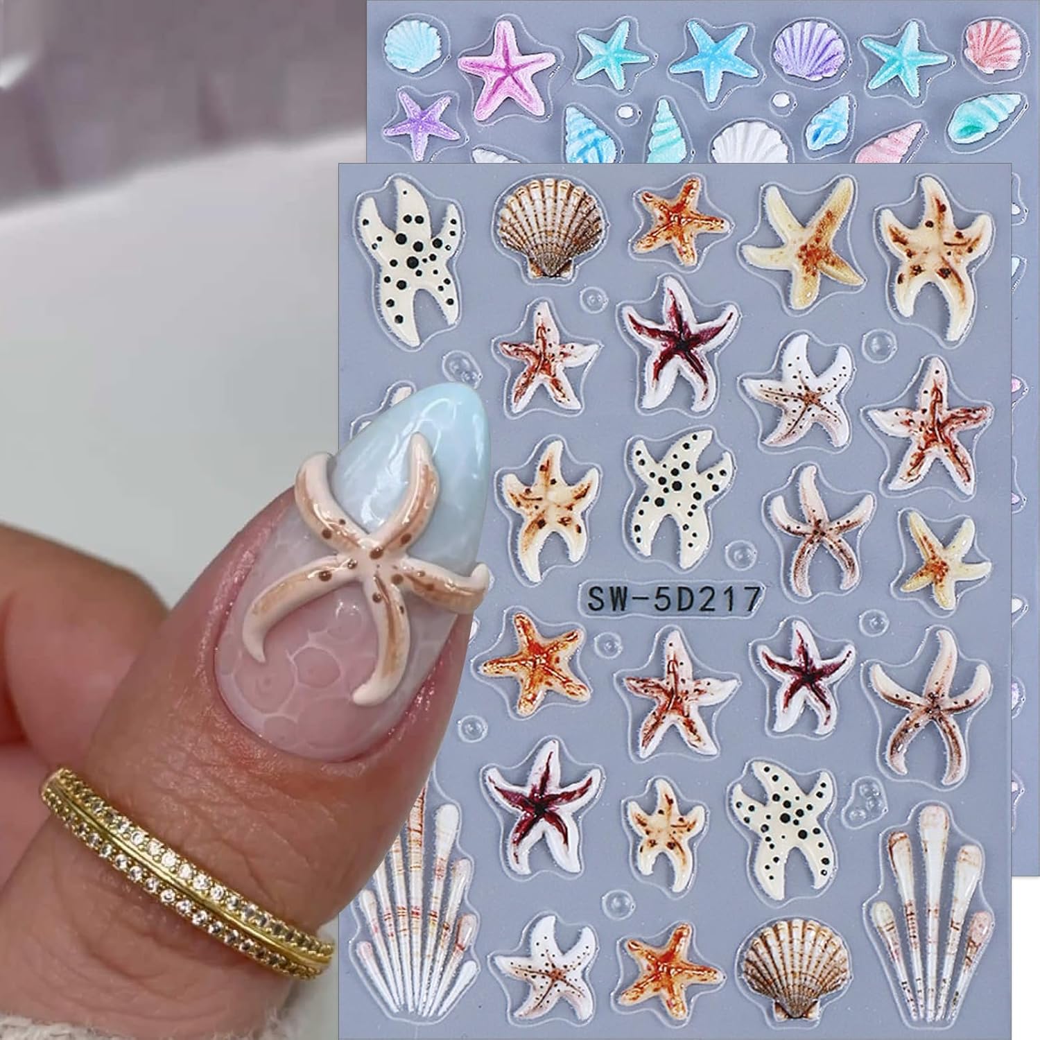 5D Starfish Nail Stickers Summer Ocean Nail Art Stickers 2PCS Self Adhesive 5D Embossed Colorful Starfish Seashell Coral Design Beach Nail Decal Summer Nail Art Supplies for Women Nail Decorations