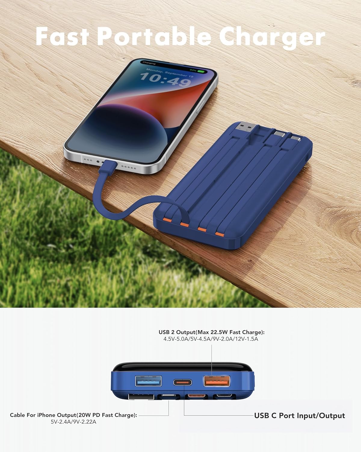 En smartphone forbundet til charmast powerbanken via et indbygget kabel, hvilket illustrerer hurtigopladningskapacitet