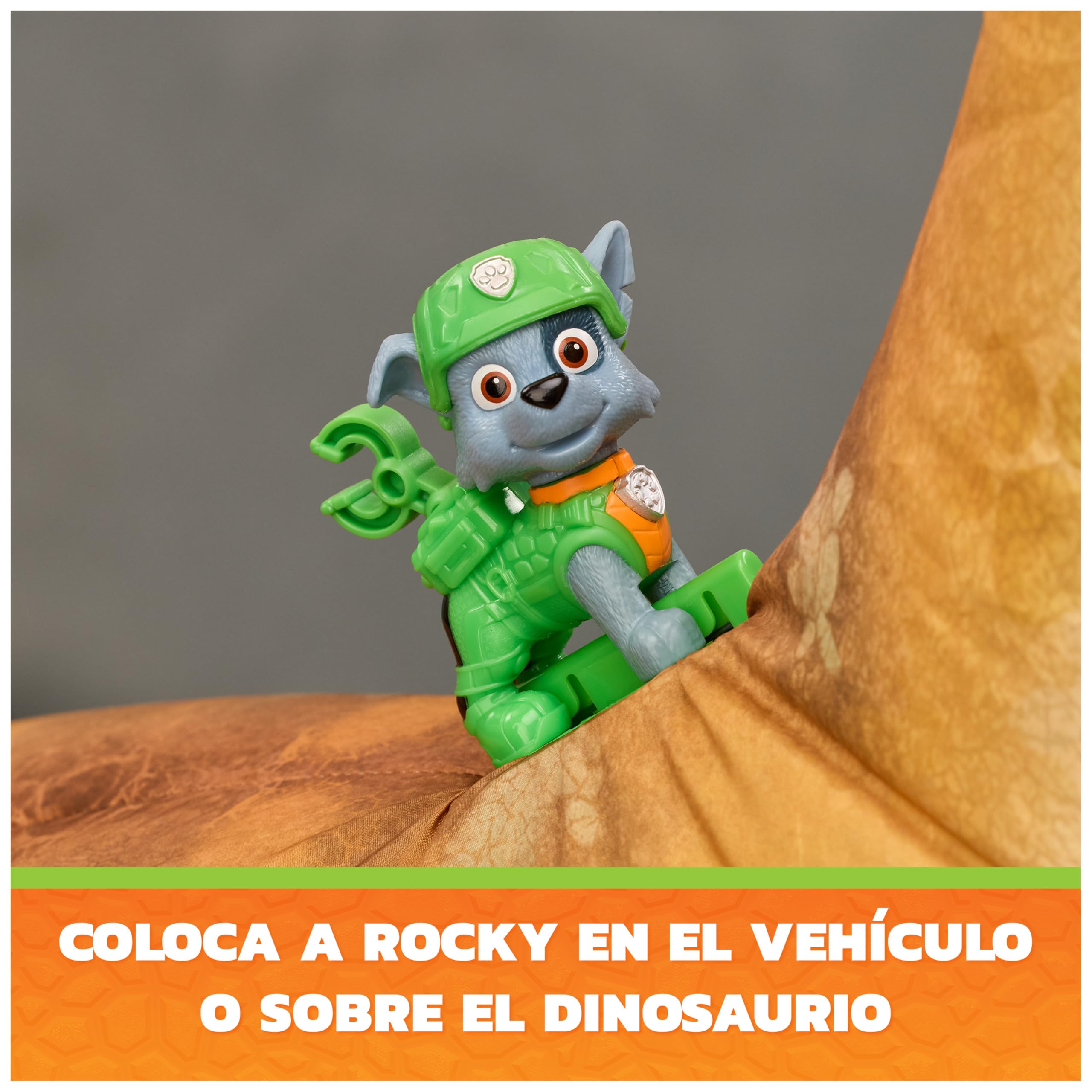 Paw Patrol: The Dino Movie, vehículo de Dinosaurio Megasaurus con Dinosaurio Inflable de 76,2 cm y Figura de acción de Rocky, Juguetes para niños y niñas preescolares, a Partir de 3 años