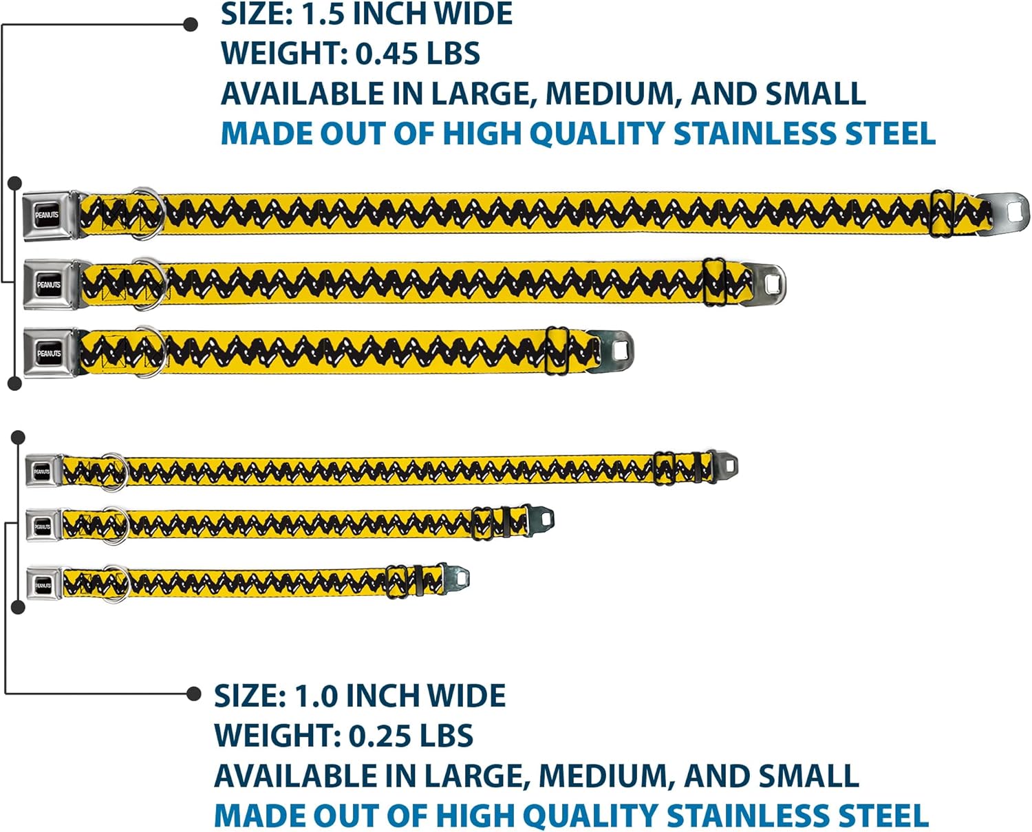 Peanuts Worldwide LLC Pet Collar, Dog Collar Metal Seatbelt Buckle, Peanuts Charlie Brown Zig Zag Stripe Yellow Black, 15 to 24 Inches 1.0 Inch Wide