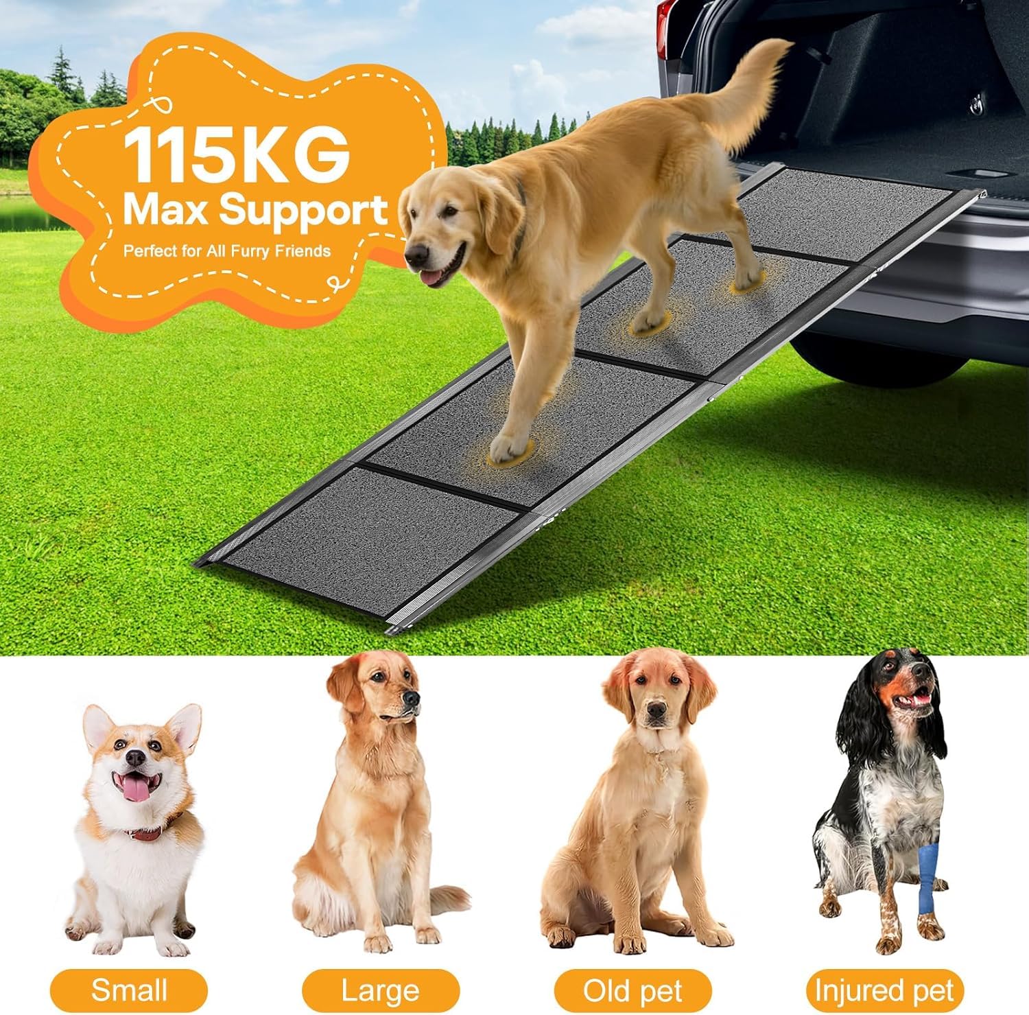 180CM Hunderampe Auto Klappbar - Aluminium Hunderampe Bis 115kg - Weich Rutschfester Oberfläche Hunderampe, Leicht Aluminium Haustierrampe Auto, Haustierrampe für mittlere, große und ältere Hunde
