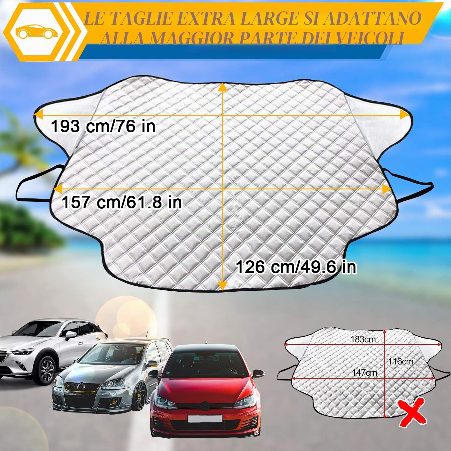 Copertura Parabrezza Auto,Parasole Auto Parabrezza Anteriore 3 magneti Ripiegabile Contro i Raggi UV per Auto, t roc, Jeep renegade, SUV, Furgoni 193 * 126cm Contro Neve Ghiaccio Gelo Polvere Sole