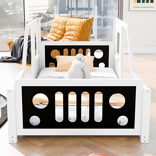Miniatura 4 de Polibi Cama de plataforma, tamaño individual, cama clásica de madera en forma de automóvil con ruedas, cabecero, estribo, puertas, ventanas, color