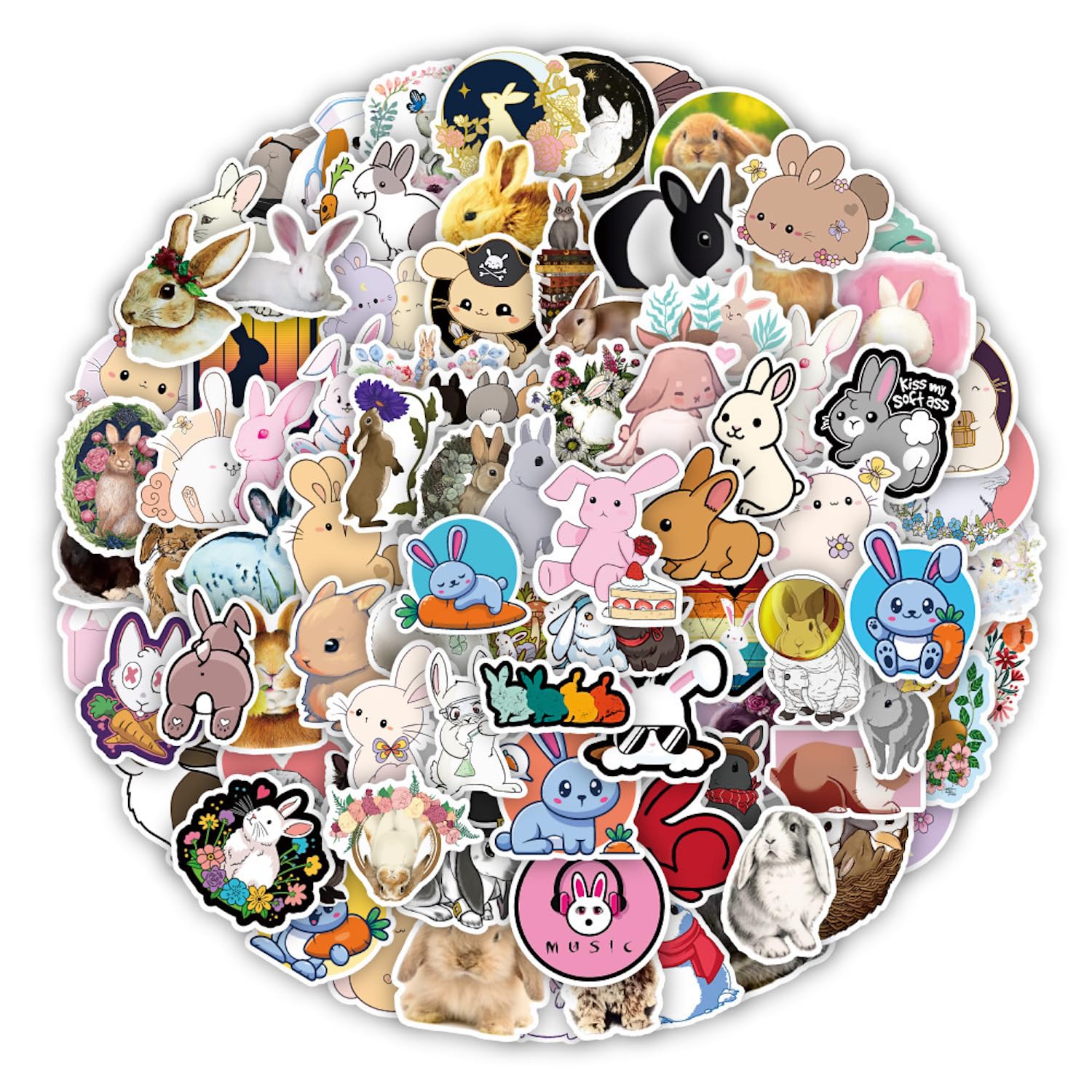 100Pcs Cute Rabbit Stickers Bunny Sticker Vinyl Waterproof Stickers for Teens Adults Decals for Laptop Water Bottles Skateboard Phone (Rabbit)