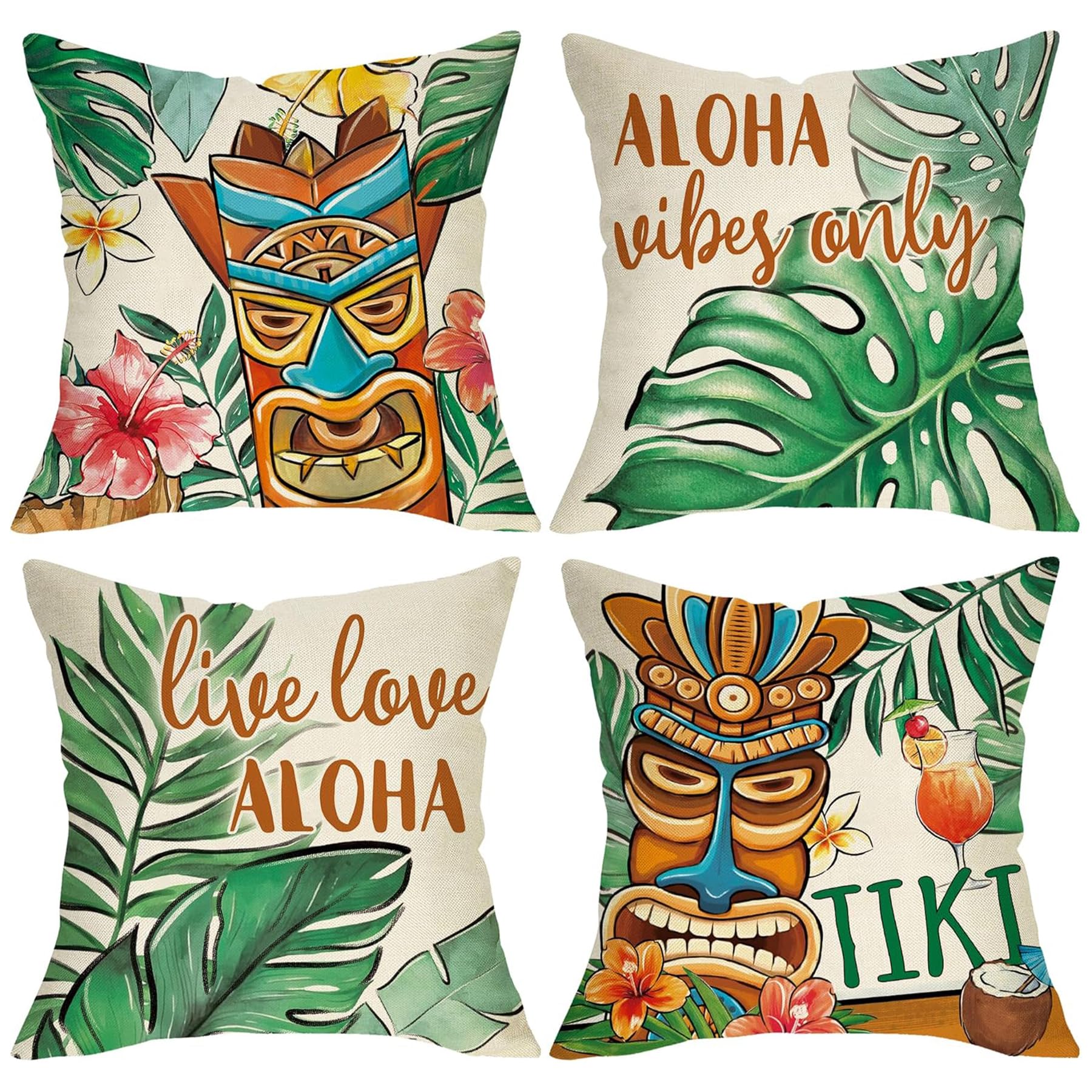 Tiki Bar Accessories - Set of 4 Decorative Tiki Bar Pillows, Beach Hut Accessories, Tropical Beach Hut Accessorie, Hawaiian Style Pillow for Home Sofa Bed Patio, Vintage Grunge Hawaii Hut Island Decor