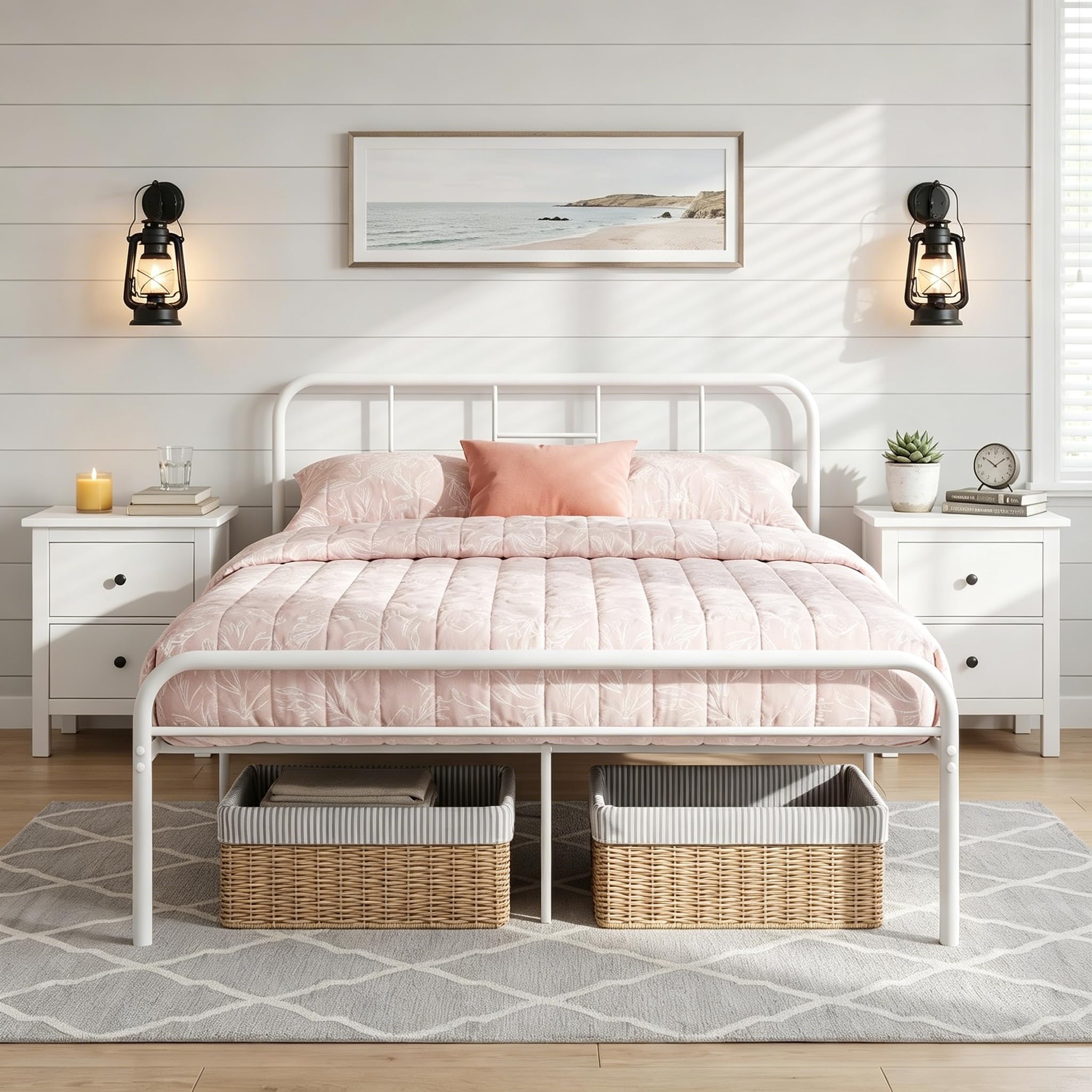 Panana Strong Metal Bed Frame,4FT Heavy Duty Solid Small Double Bedstead Base with Headboard & Footboard,Easy Assembly Bed Frame for Adults, Guest Room (ModelA -White, 4ft small double)