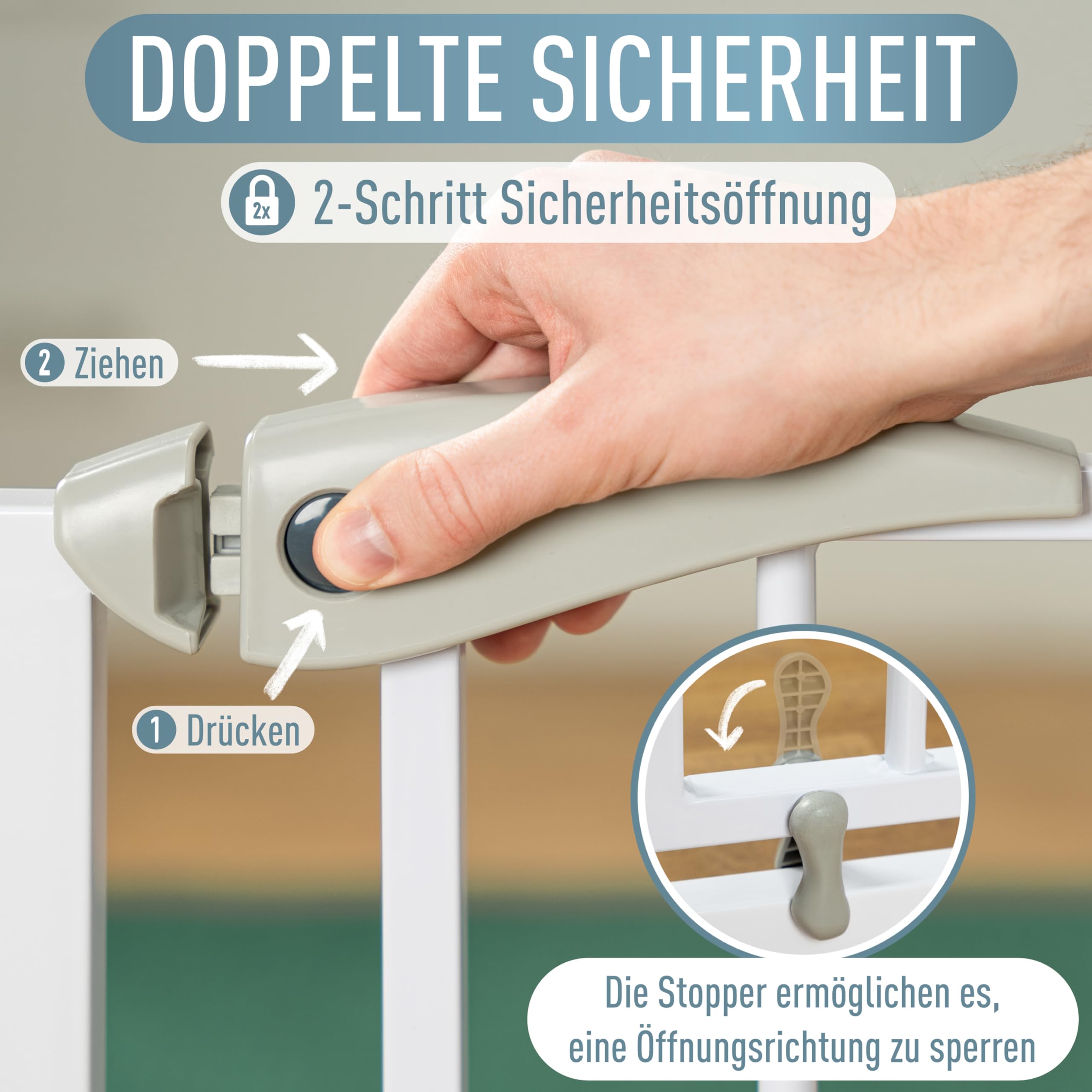 IB STYLE Türschutzgitter Berrin 95-105 cm - Treppenschutzgitter für Kinder, zum Klemmen, Gittertür, Ohne Bohren, Weiß Grau