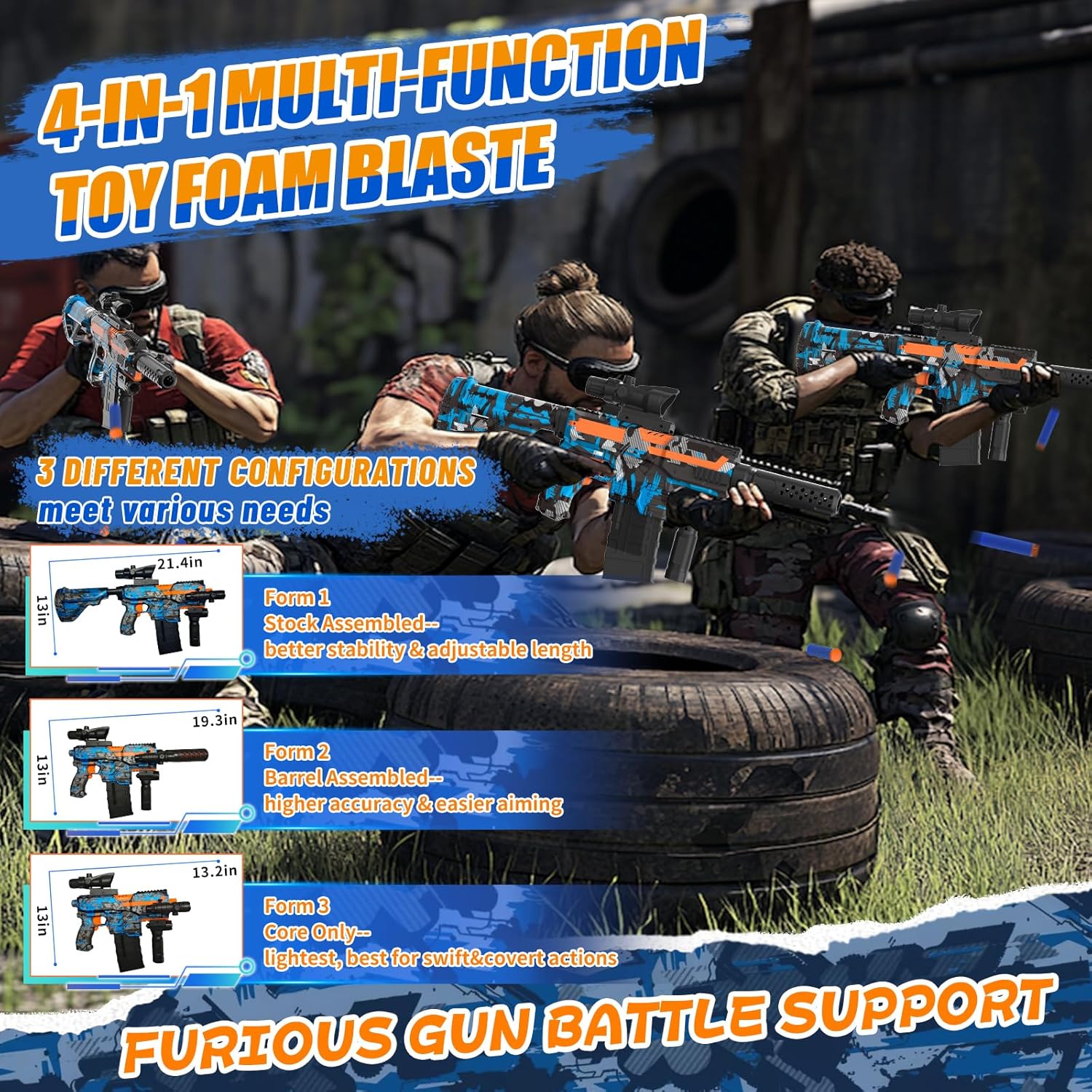 Automatic Toy Foam Blaster Sniper with Scope, Electric Toy Gun Dart Blaster with 120 Foam Darts for Guns, IR, Flashlight, Goggles, Air Pocket Technology Outdoor Shooting Game Kids Toys for 8-12 -Blue