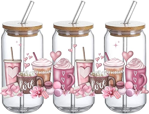 Calcomanía de transferencia de vidrio UV DTF - 3 unidades de café con leche rosa, transferencia de manualidades de corazón para el día de San