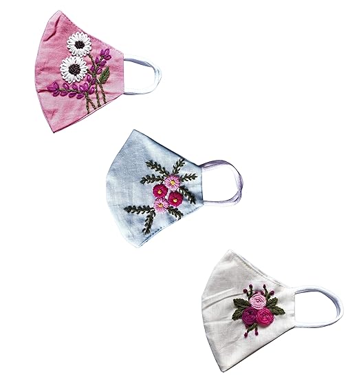 KIARVI GALLERY Cotton Hand Worked Embroidered Washable Reusable Double Layer Anti Pollution Face Mask for Girls and Women (Multicolor, Free Size) Pack of 3