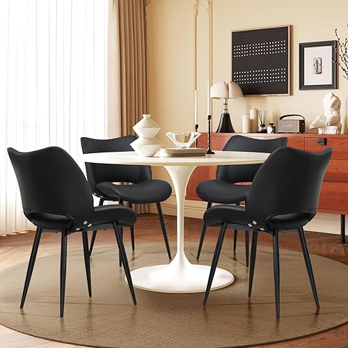 Miniatura 2 de Juego de 2 sillas de comedor tapizadas modernas con piel sintética sintética y respaldo curvado medio para cocina, sala de estar, dormitorio (negro)