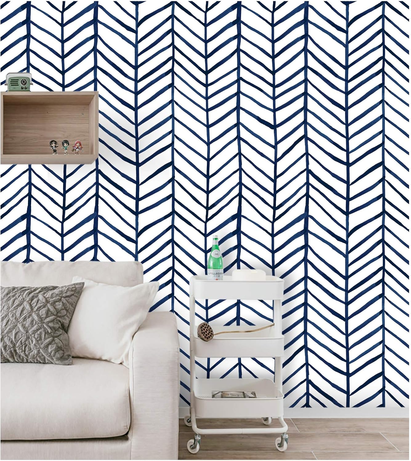 HAOKHOME 96020-2 Modern Stripe Peel and Stick Wallpaper for Bedroom Herringbone Navy Blue Vinyl Removable Decoration 17.7in x 9.8ft - - 