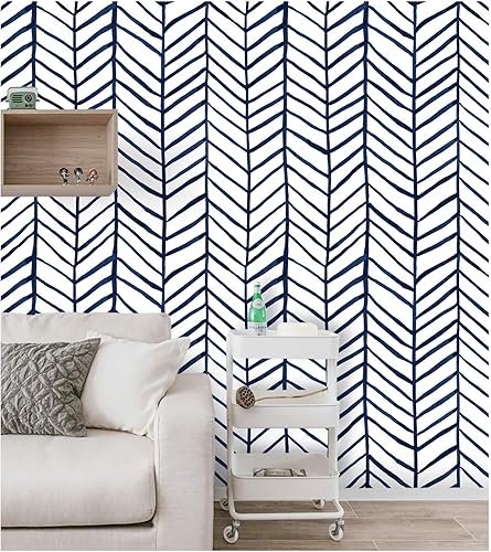 Miniatura 5 de HAOKHOME Papel tapiz azul marino para despegar y pegar, diseño moderno a rayas para baño, decoración extraíble de espiga de 17.7 pulgadas x 9.8 pies