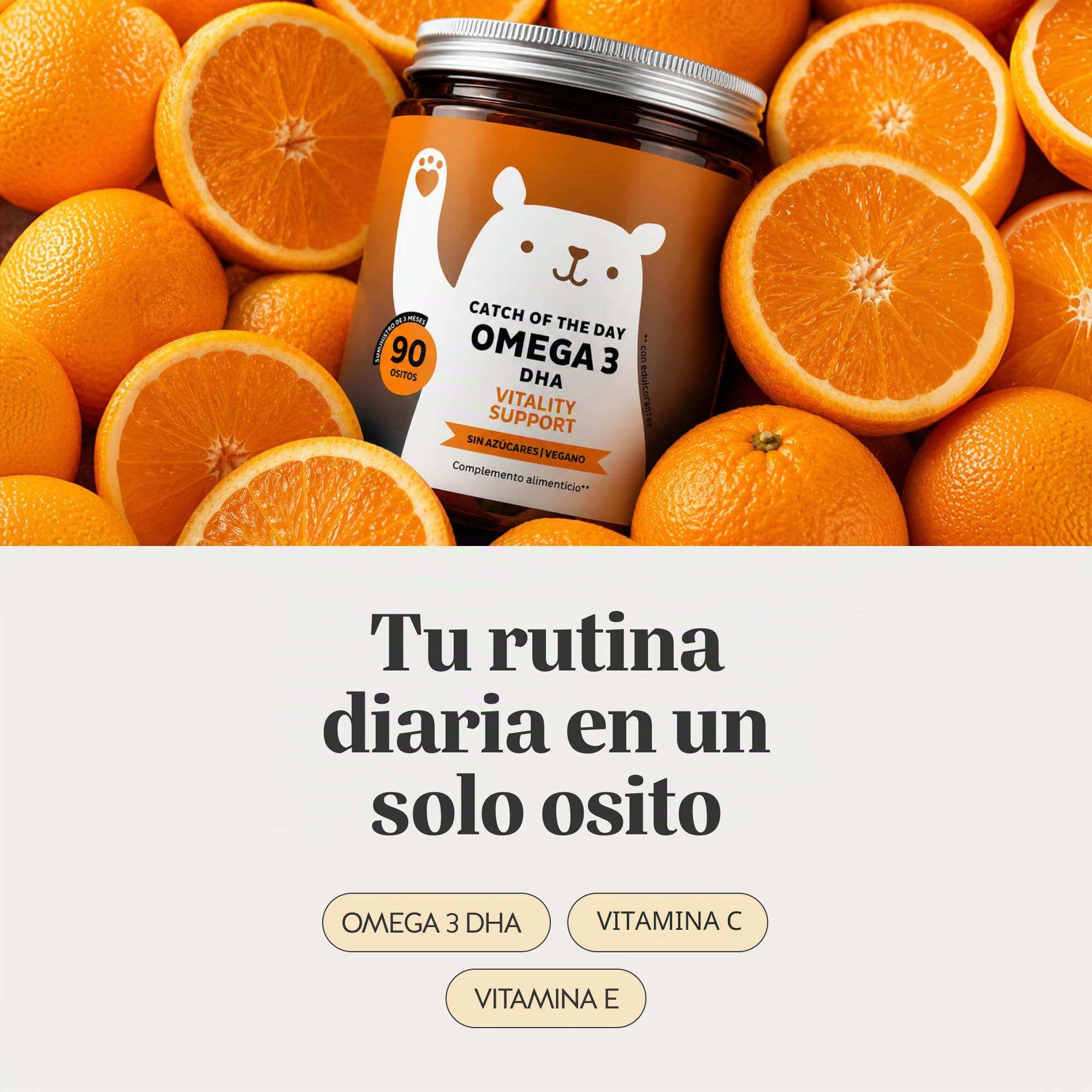 Omega 3 DHA - Catch Of The Day Vitality Support - Sin Pescado - con Vitamina C y E, Aceite Microalga - Sistema Inmunitario - 90 unidades (3 meses) - Sin Azúcares, Vegano - Bears with Benefits