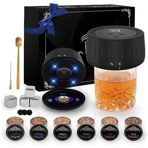 Electric Whiskey Smoker Kit with Led Lights, 4 Reusable Ice Cubes and 6 Flavors Natural Wood Chips, Old Fashioned Bourbon Smoker Kit for Home Bar, Bourbon Whiskey Gifts for Men, Dad, Husband