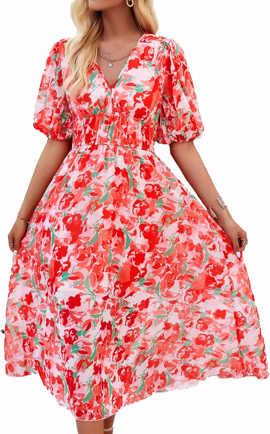 Womens Boho Floral V Neck Maxi Dress Casual Flowy