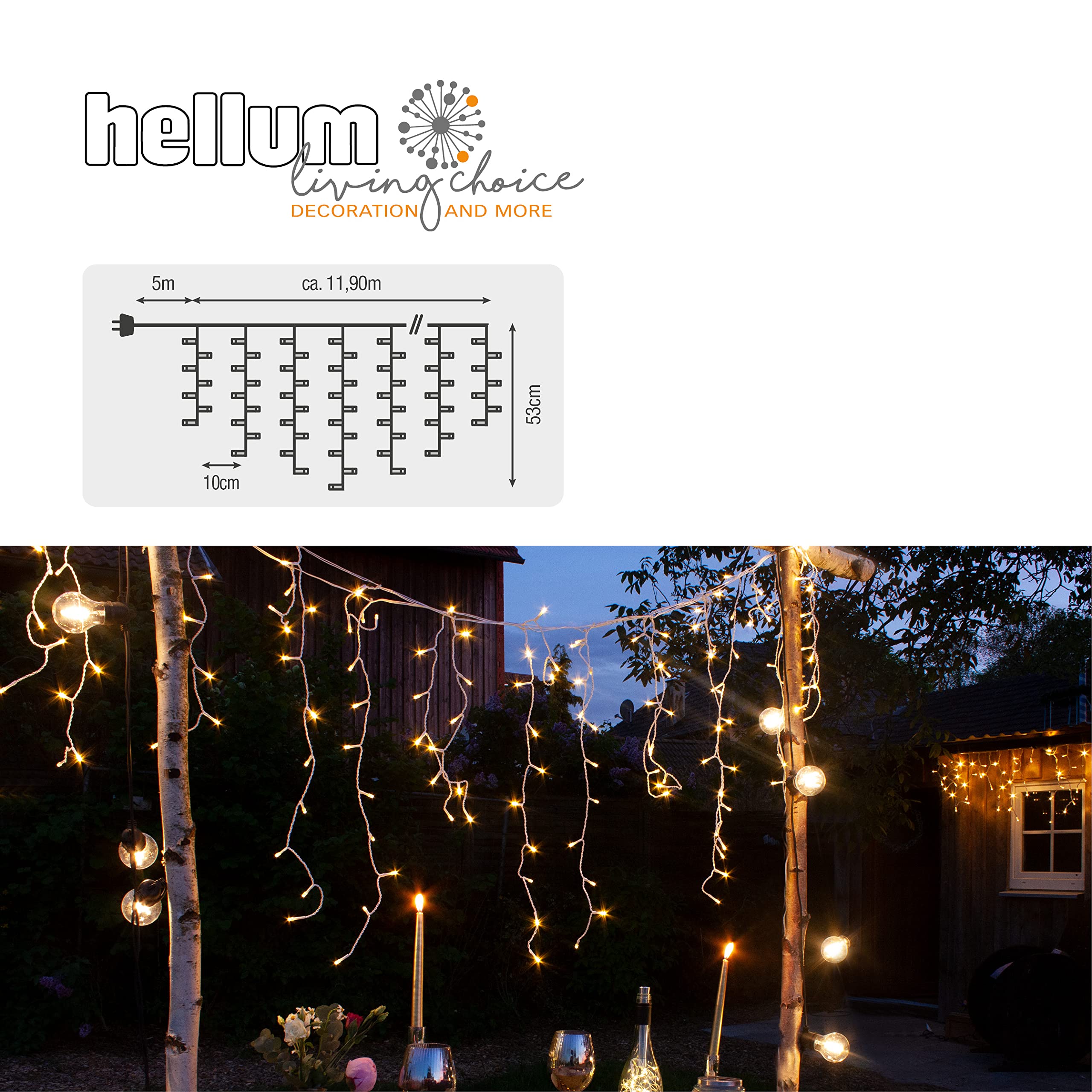 hellum Lichterkette Außen, LED Eislichtvorhang, Lichtervorhang 11,90x0,53m beleuchtet, 480 LED Lichterkette Außen Weihnachten mit weißem Kabel 5m Zuleitung, Weihnachtsbeleuchtung <59lm 577747