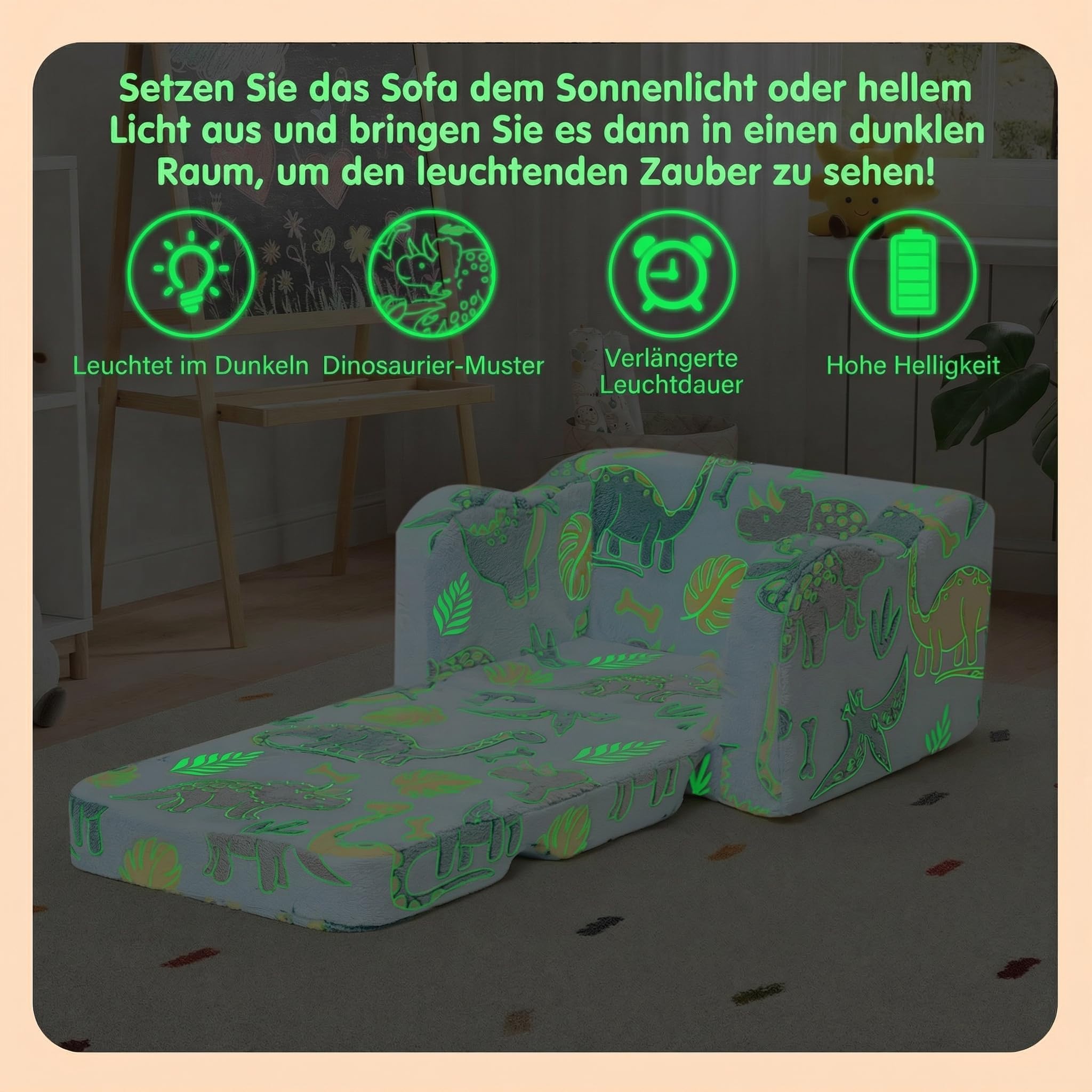 MeMoreCool Kindersofa Ausklappbar, 2-in-1 Kleinkinder Schlafsofa, Kindersessel mit Schlaffunktion, Mini Couch für Kuschelecke Kinderzimmer, Fancy Spielsofa für Mädchen und Jungen, Blau Dinosaurier