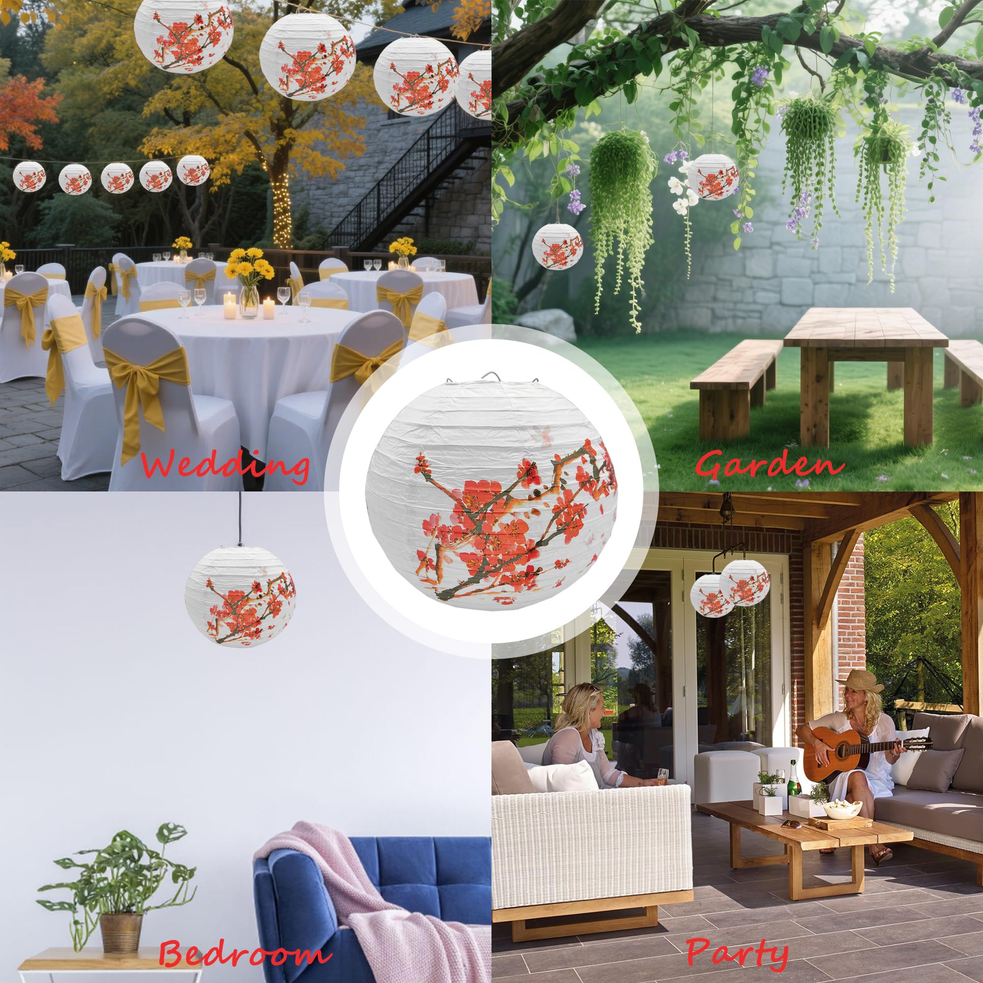4 Pcs Pantalla Redonda Linterna Papel China Linternas Decoraciones Colgantes Lámpara Papel Flor Ciruelo Flor Decoración Jardín Banquete Boda Cumpleaños (A)