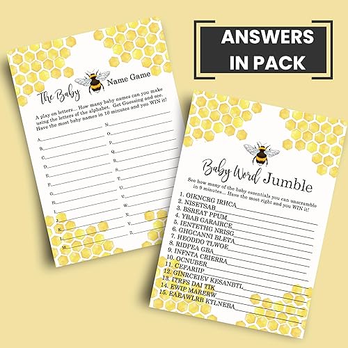 Miniatura 6 de Bumblebee - Juego de baby shower para 25 invitados, juego de 4 juegos de doble cara que conoce a mamá, Word Scramble, juego de nombre de bebé,
