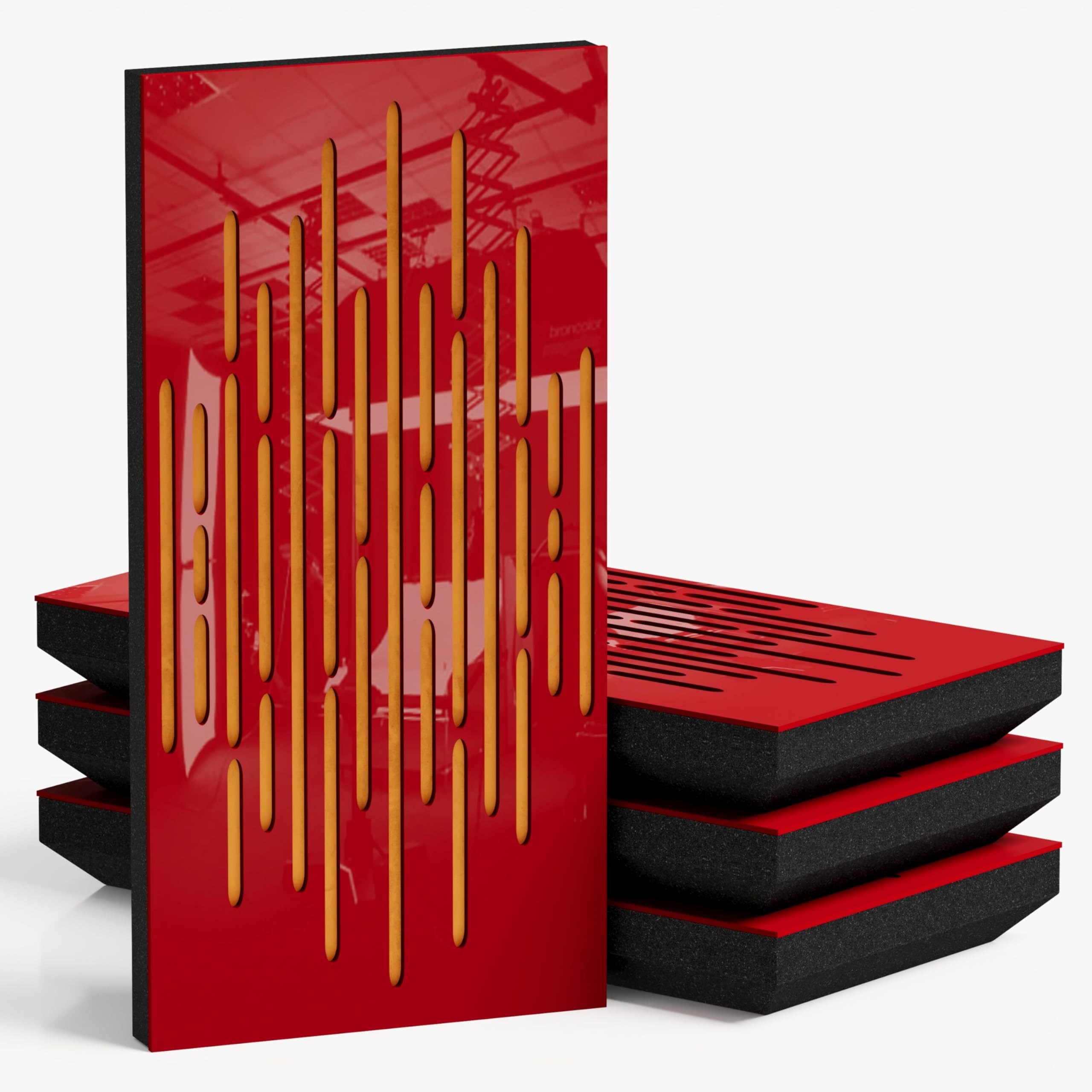 4 sztuki - smukłe panele akustyczne z aksamitnej tkaniny, 50 x 25 cm, dekoracyjna kontrola szumów i redukcja echa, pochłanianie i dyfuzja dźwięku; kolor: [WAVE-F - czerwony plastik | żółty]