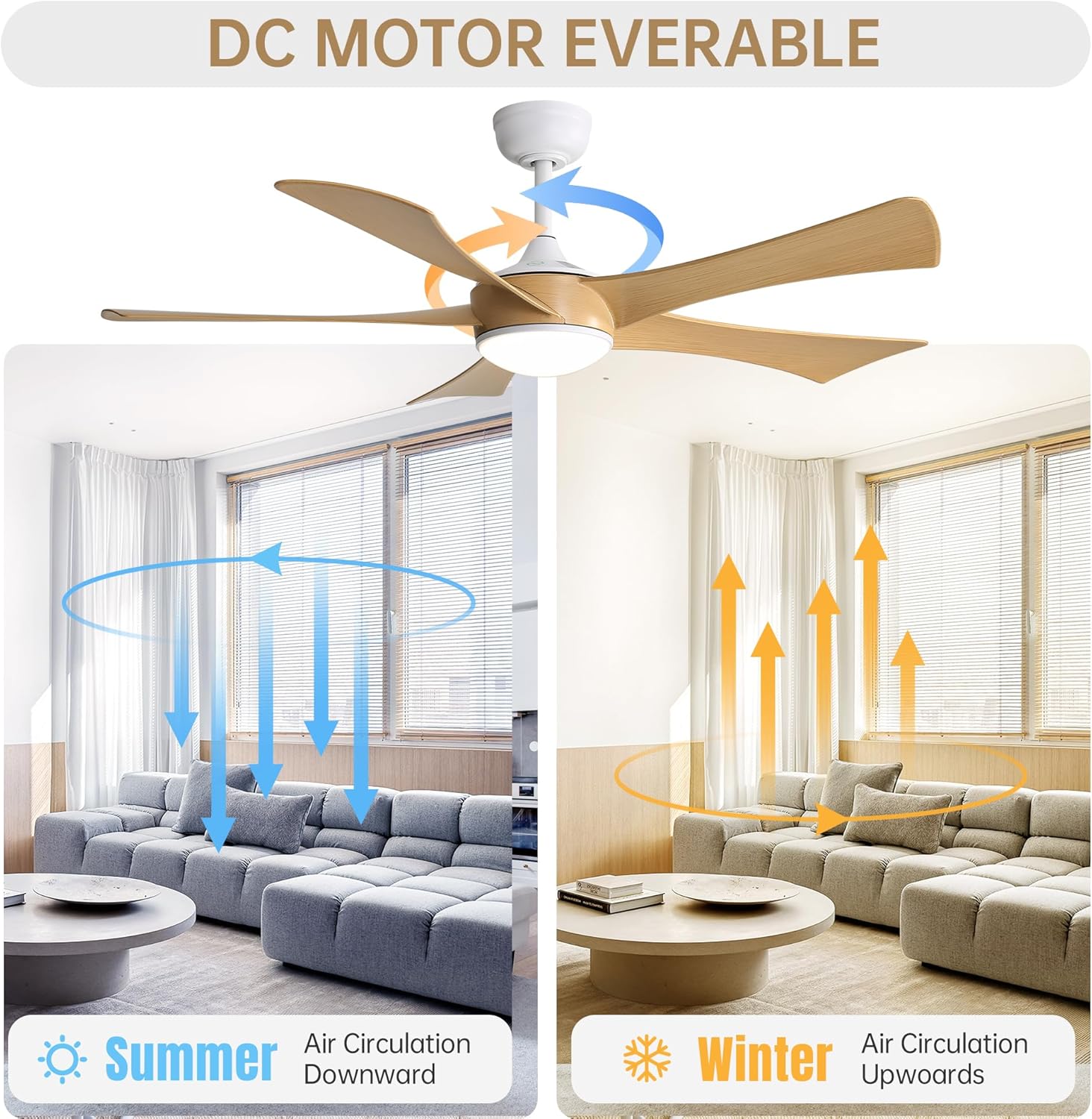 52 Inch Modern Ceiling Fan with 22W LED Light and Remote Control 5 ABS Blades for Living Room, Smart App Control, 6 Modes