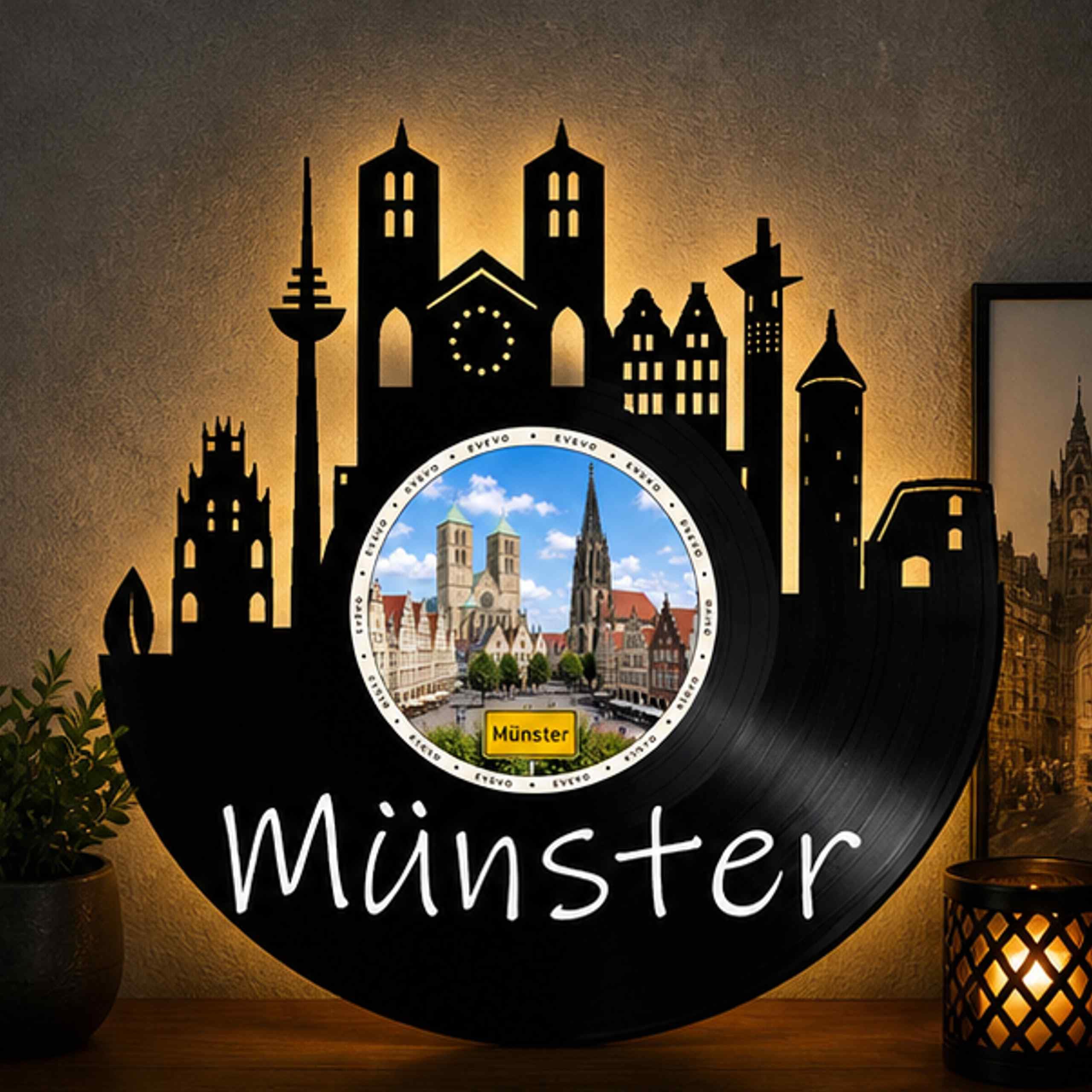 EVEVO Decorazione da parete a forma di disco di Münster, arte da parete in vinile con skyline della Westfalia, regalo per i fan di Münster, amanti della bicicletta della città principale del mercato