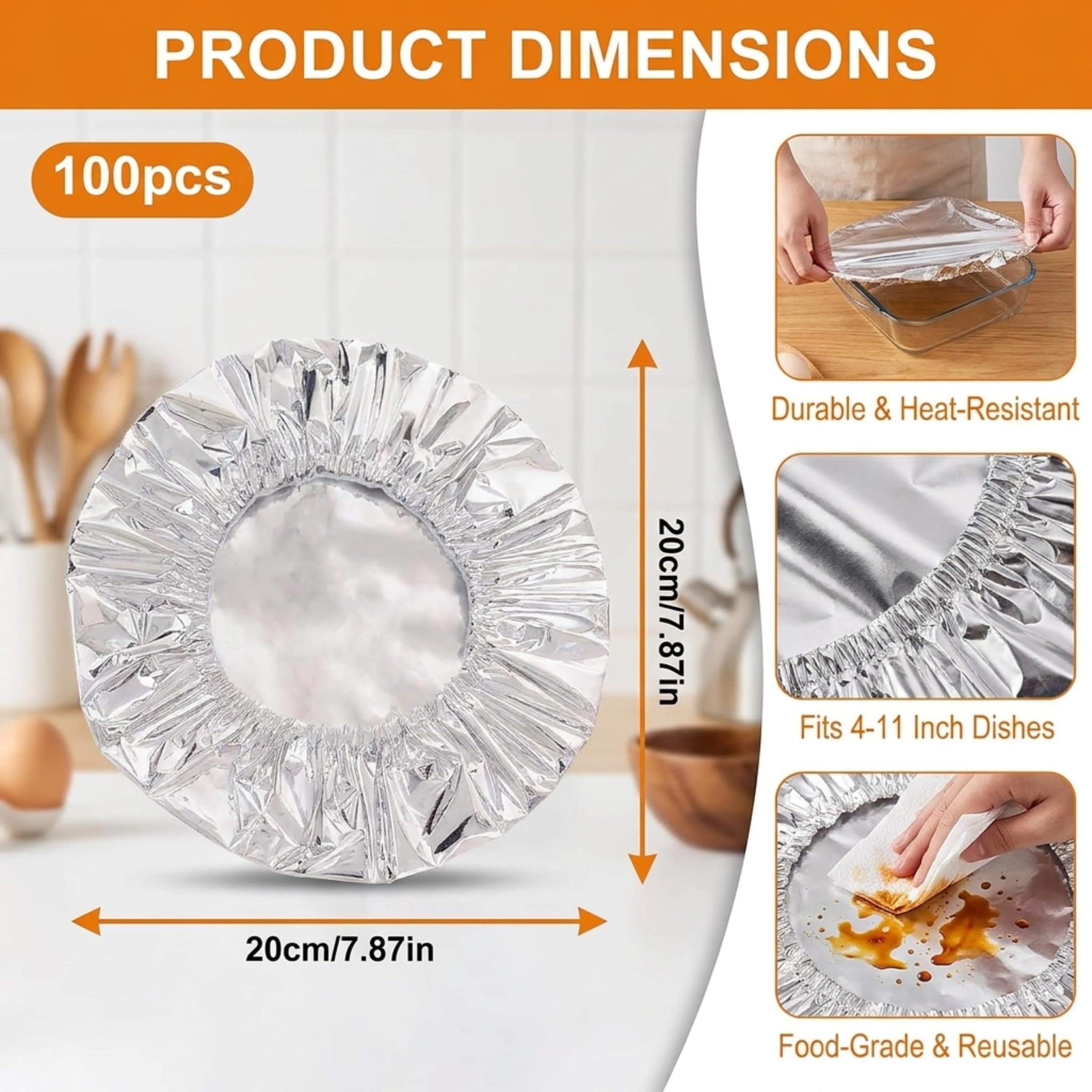 JIEBAO 100 Stück Isolierabdeckung aus Aluminiumfolie, Wiederverwendbare Frischhaltefolie, Elastische Frischhaltefolie mit Gummizug, Hitzebeständig Frischhaltefolie für Küche Restaurants