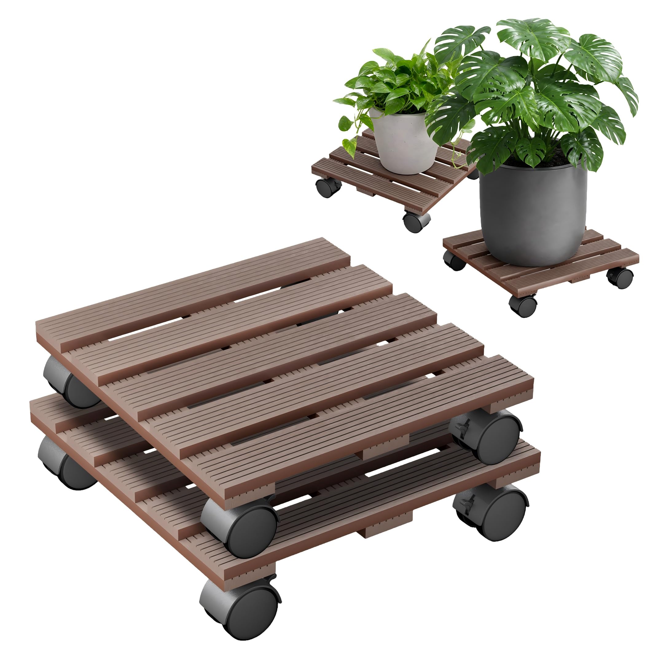 XMTECH WPC Pflanzenroller 30cm / 30x30cm 100kg Tragkraft 2 Stück | Wetterfest und pflegeleicht, für Garten, Balkon und Innenbereiche, Bodenschonende Rollen ermöglichen einfaches Verschieben