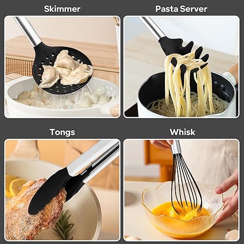 Miniatura 5 de HaWare Juego de utensilios de cocina de silicona, 9 piezas, antiadherentes, resistentes al calor, con mango de acero inoxidable, sin BPA, aptos para