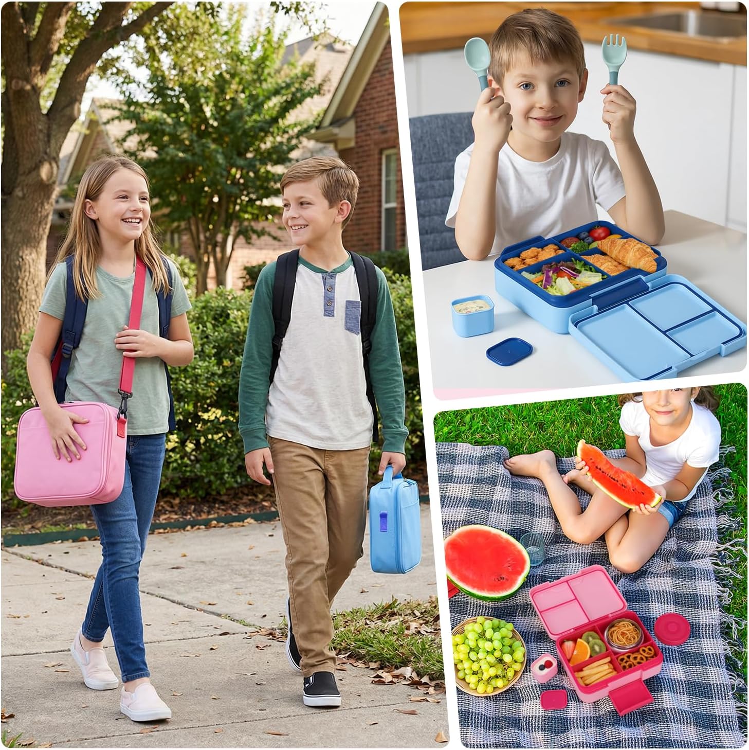 HWONMTE Bento Lunch Box Set for Kids with 9.5oz Soup Thermo Leak-Proof Lunch Food Container with Insulated Lunch Bag Hot Food Jar for Kid Toddler Girls Boys Teens to School,Travel (Blue)
