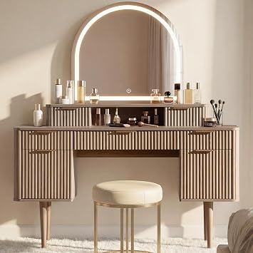 55.7" Fluted Vanity Desk with Arched Mirror, Modern Makeup Vanity, Oak