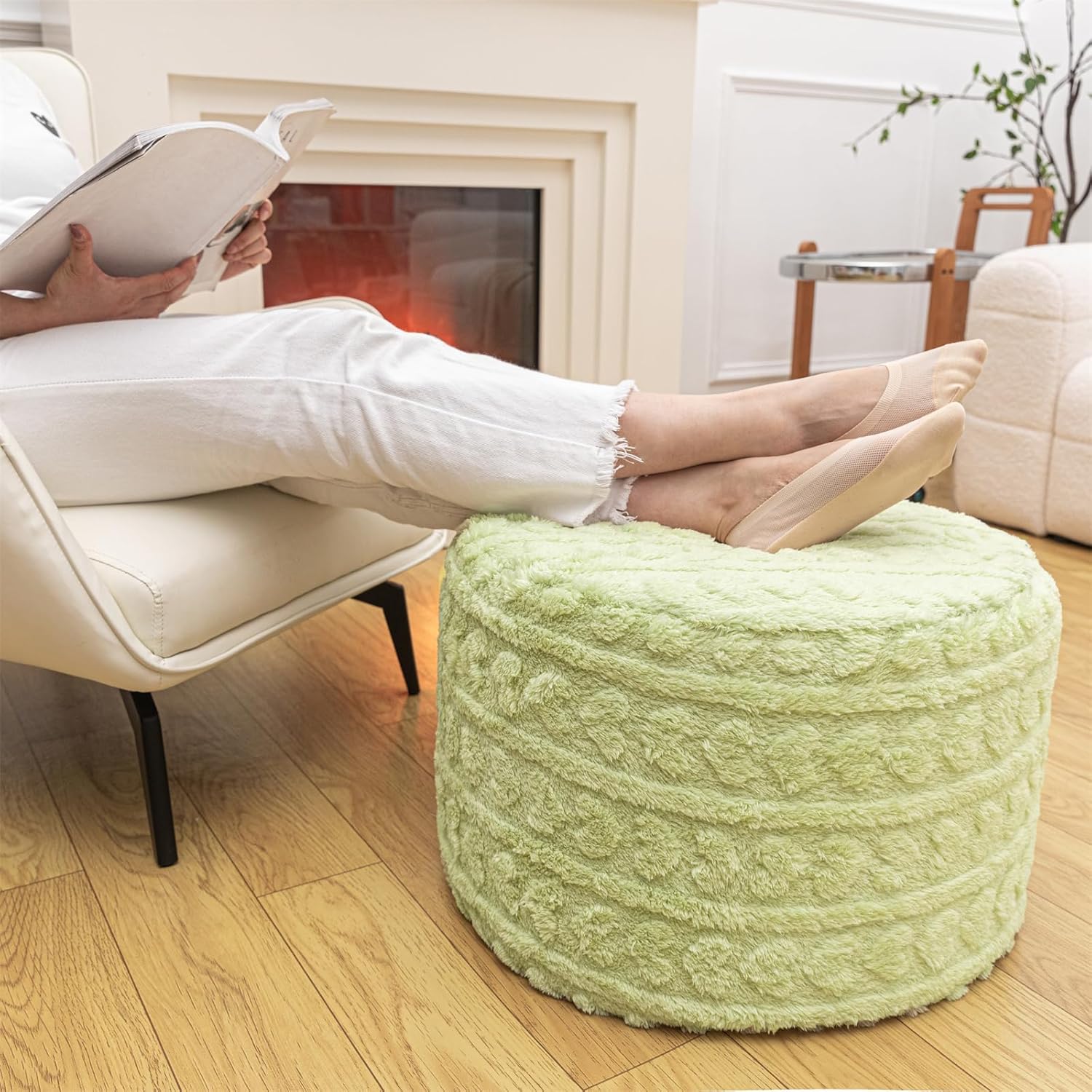 Round Pouf Ottoman Foot Rest 20x14 Inches Soft Heart Printed Footstool Ottomans for Living Room Comfort Foam Stuffed Poofs Perfect to Rest Your Feet for Couch Desk Sage Green